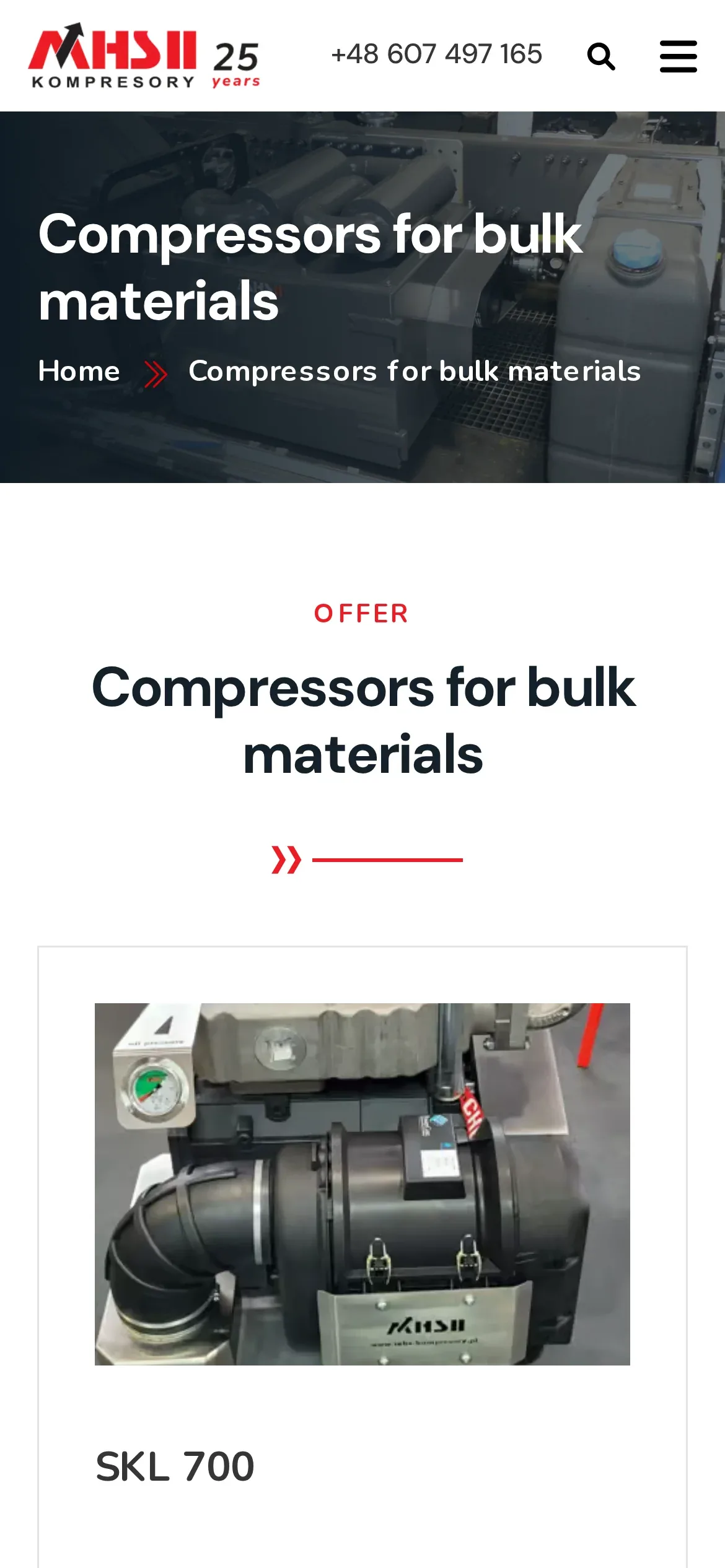 Ta sama strona po angielsku: nagłówek „Compressors for bulk materials”, etykieta „Offer” i karta SKL 700