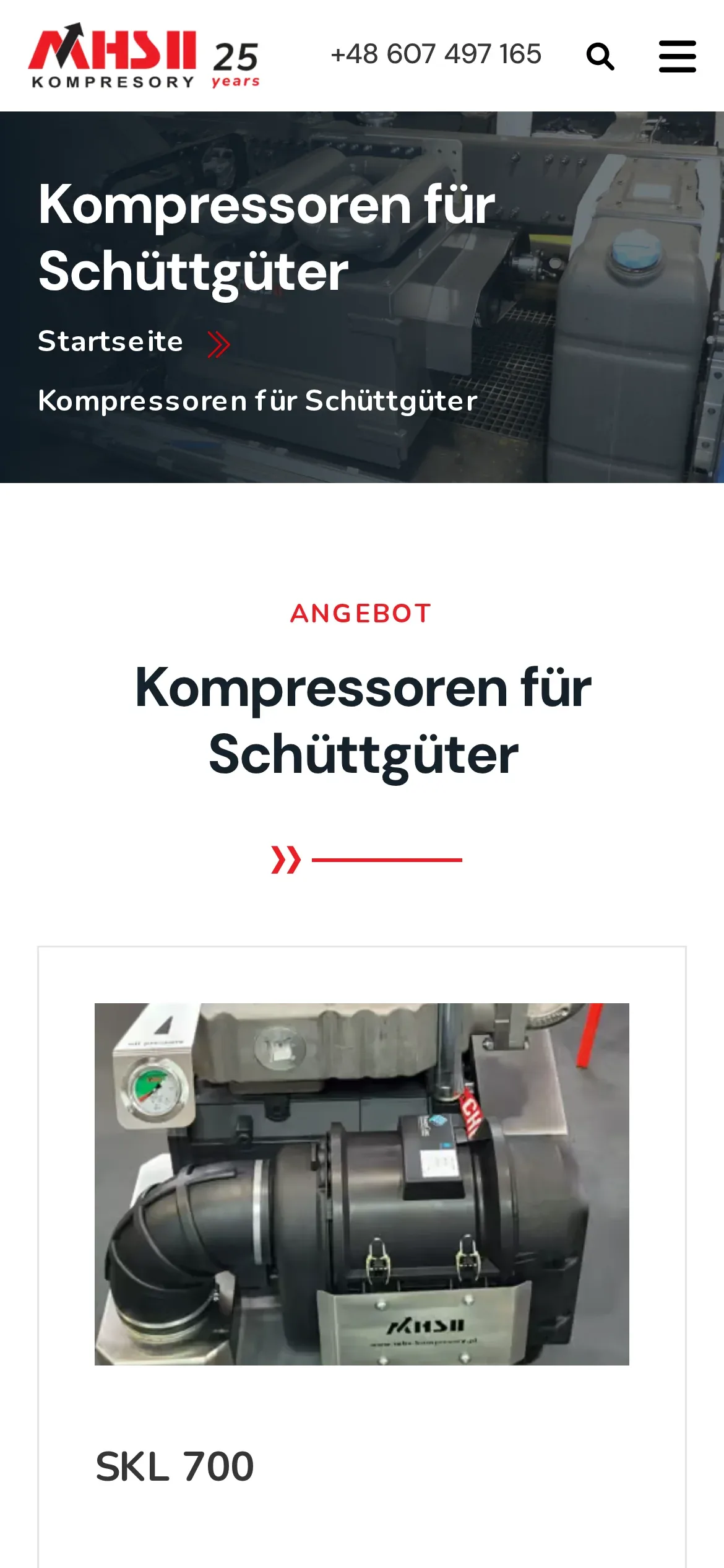 Ta sama strona po niemiecku: nagłówek „Kompressoren für Schüttgüter”, etykieta „Angebot” i karta SKL 700