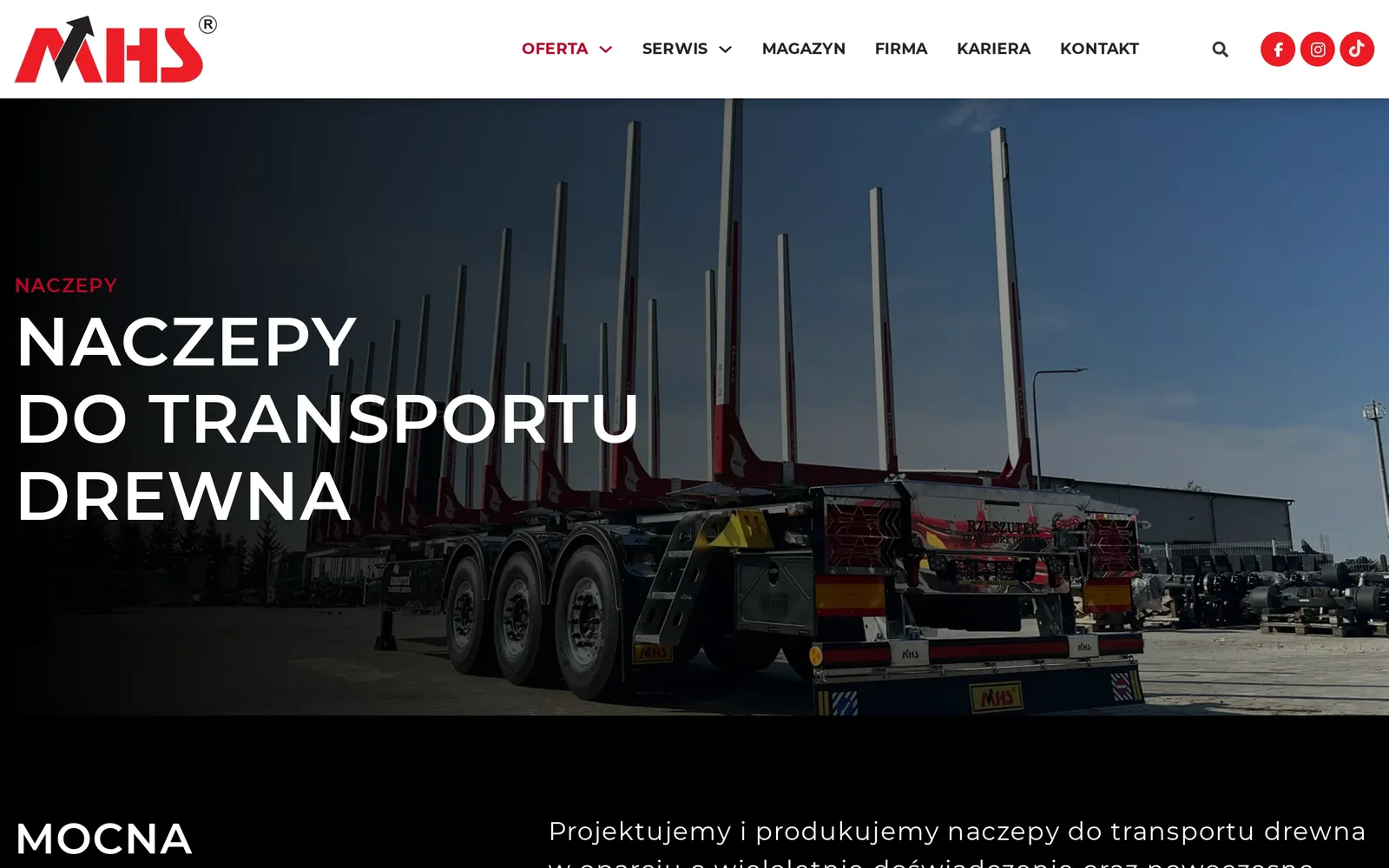 Strona „Naczepy do transportu drewna” na komputerze: nagłówek ze zdjęciem naczepy z kłonicami i wstęp „Mocna konstrukcja”