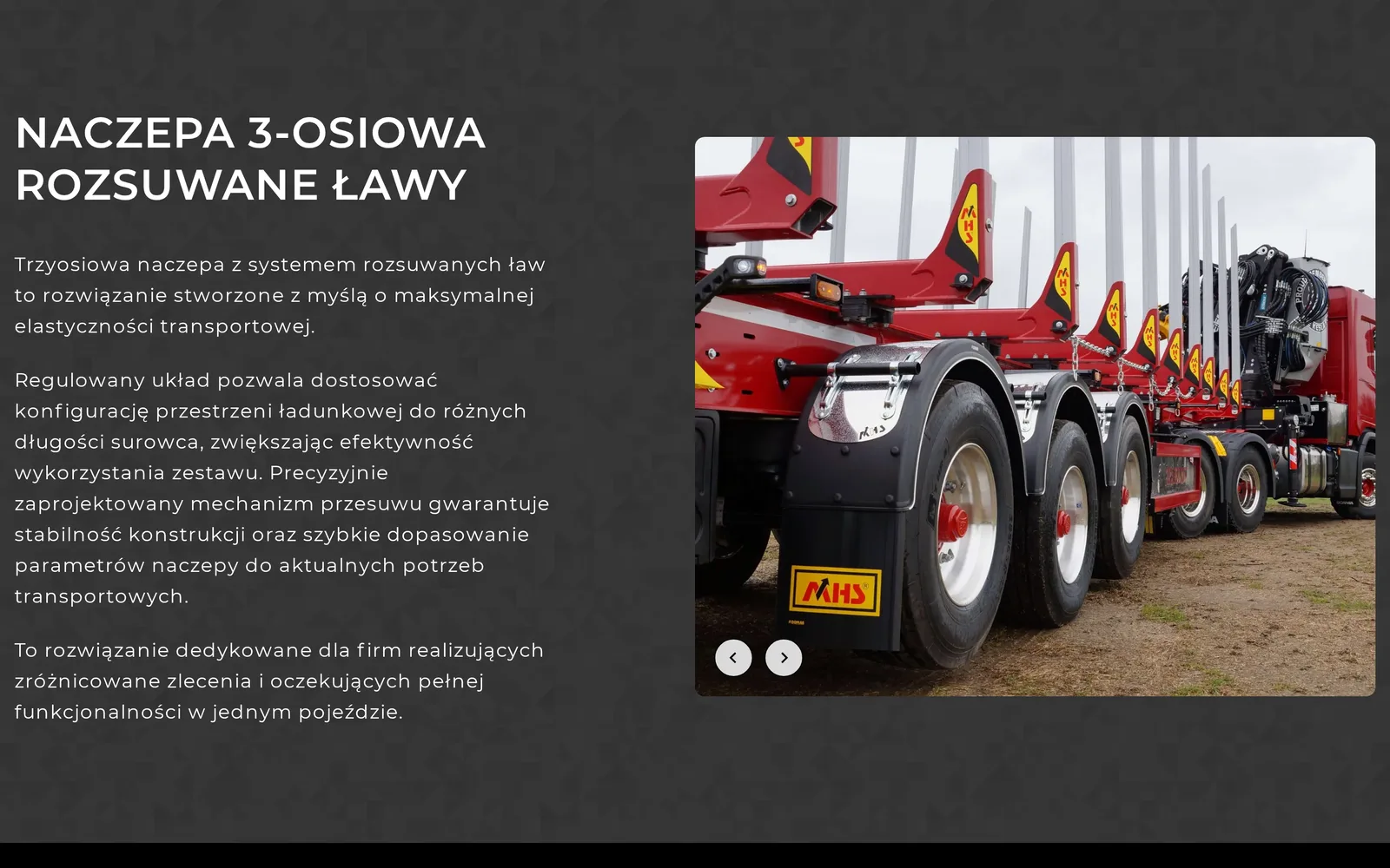 Model „Naczepa 3-osiowa rozsuwane ławy”: opis z lewej i galeria zdjęć czerwonej naczepy ze strzałkami z prawej