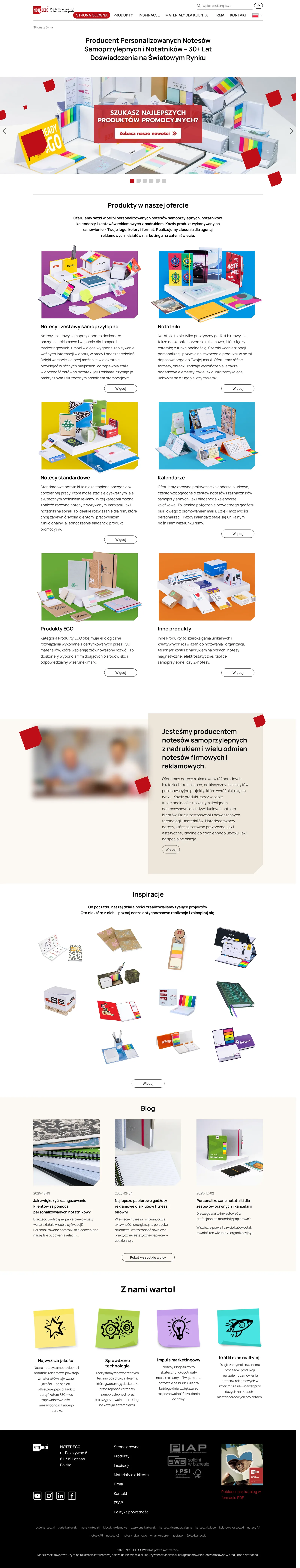 Cała strona główna Notedeco: karuzela, sześć grup produktów od notesów samoprzylepnych po inne produkty, sekcja o firmie, galeria inspiracji, wpisy bloga, cztery zalety i stopka z adresem w Poznaniu
