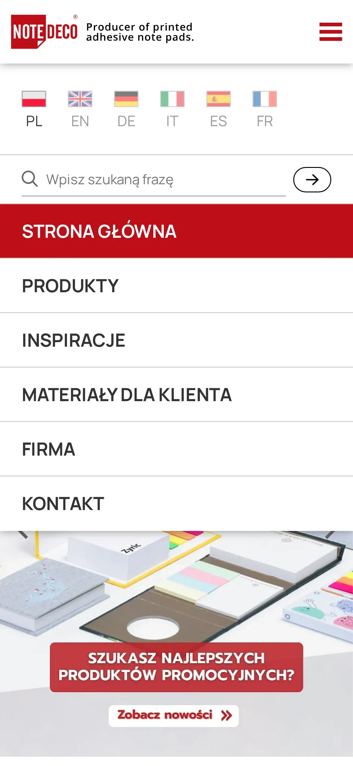 Otwarte menu Notedeco na telefonie: flagi sześciu języków od PL do FR, pole wyszukiwania i lista podstron od Strony głównej po Kontakt