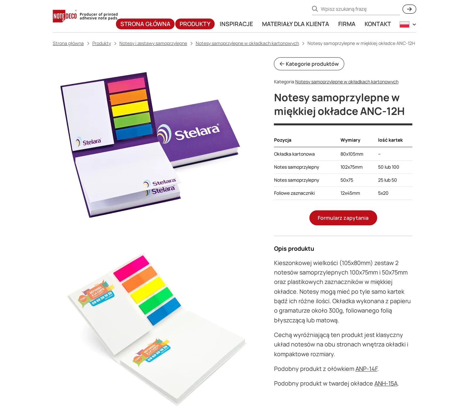 Karta notesów samoprzylepnych w miękkiej okładce ANC-12H na komputerze: zdjęcia produktu, tabela pozycji z wymiarami i liczbą kartek, przycisk „Formularz zapytania” i opis produktu