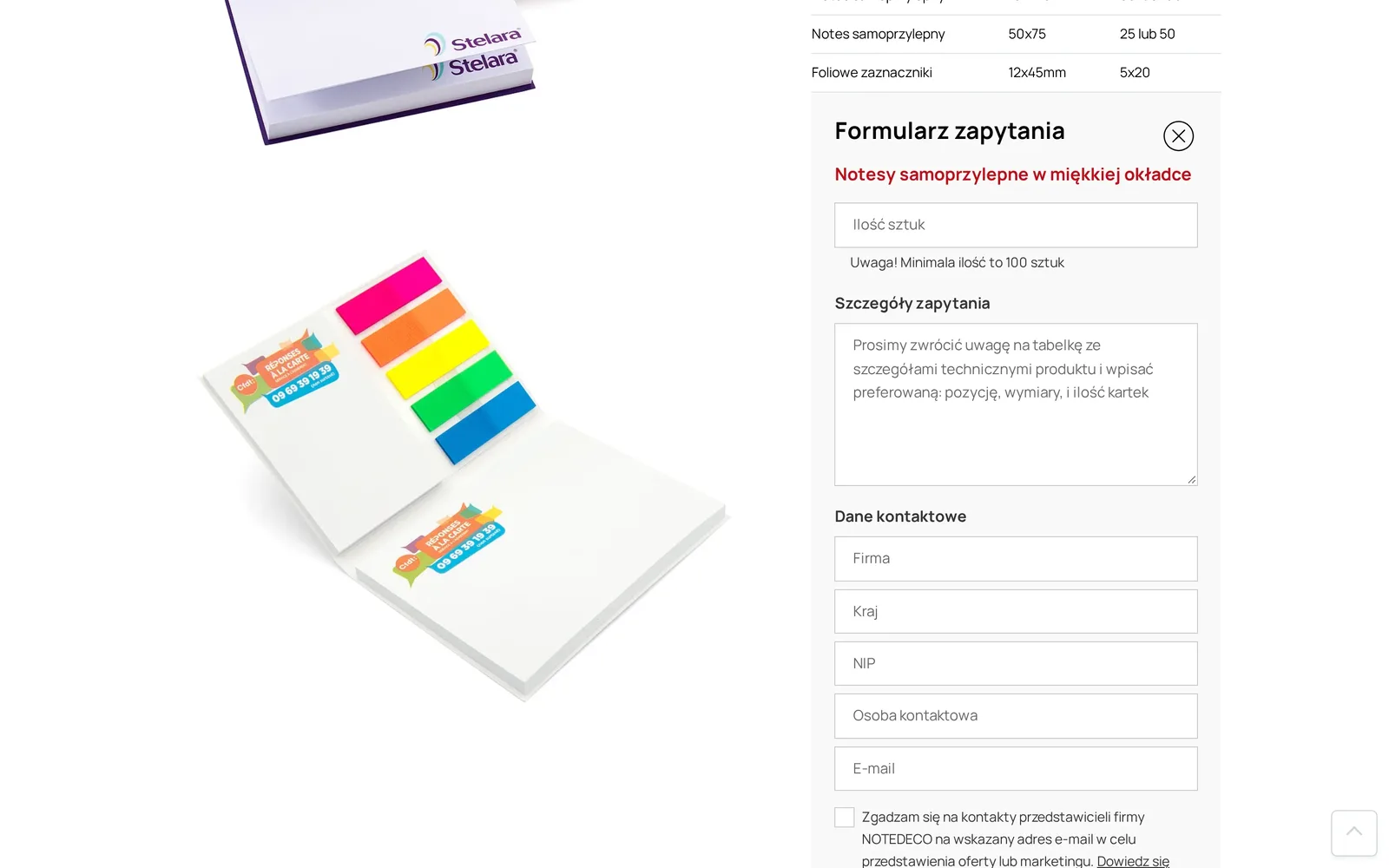 Rozwinięty formularz zapytania na karcie produktu: pola liczby sztuk z informacją o minimum 100 sztuk, szczegółów zapytania, firmy, kraju, NIP, osoby kontaktowej i e-maila oraz zgoda na kontakt