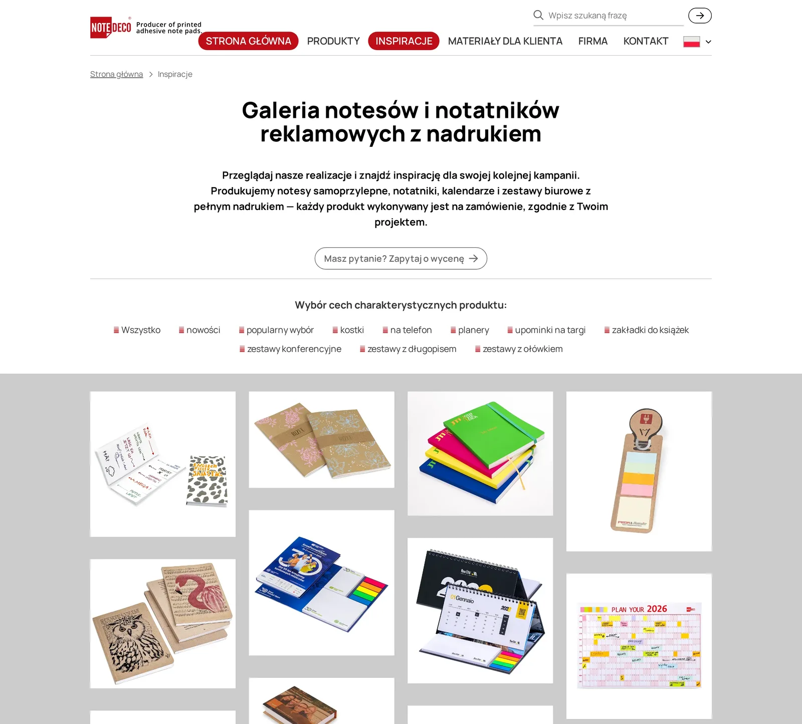 Podstrona „Inspiracje”: nagłówek „Galeria notesów i notatników reklamowych z nadrukiem”, filtr cech od „Wszystko” po „zestawy z ołówkiem” i siatka zdjęć gotowych notesów, notatników i kalendarzy