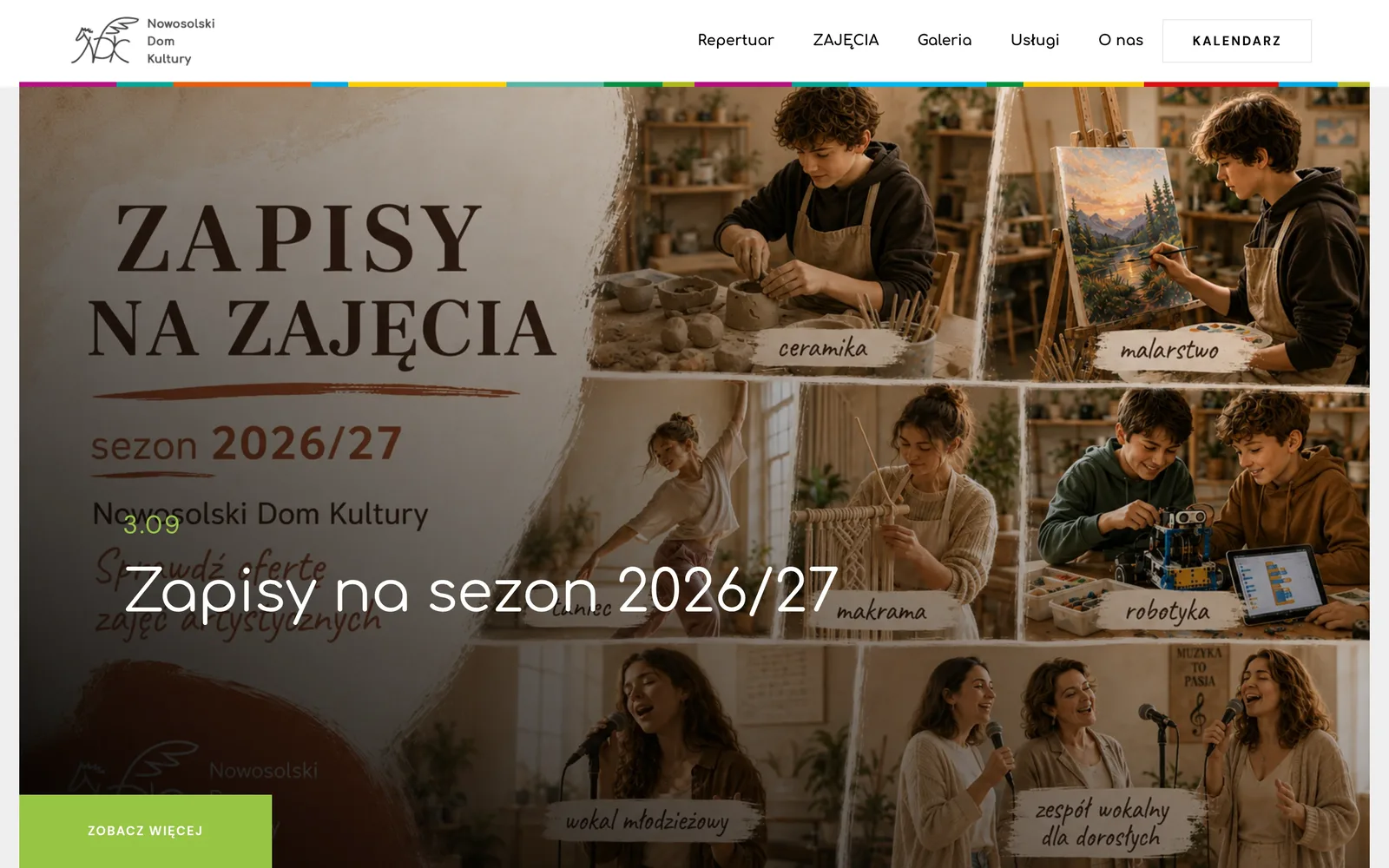 Strona główna Nowosolskiego Domu Kultury na komputerze: logo z ptakiem, menu z repertuarem, zajęciami, galerią i kalendarzem, wielobarwny pasek i slider „Zapisy na sezon 2026/27” z przyciskiem „Zobacz więcej”
