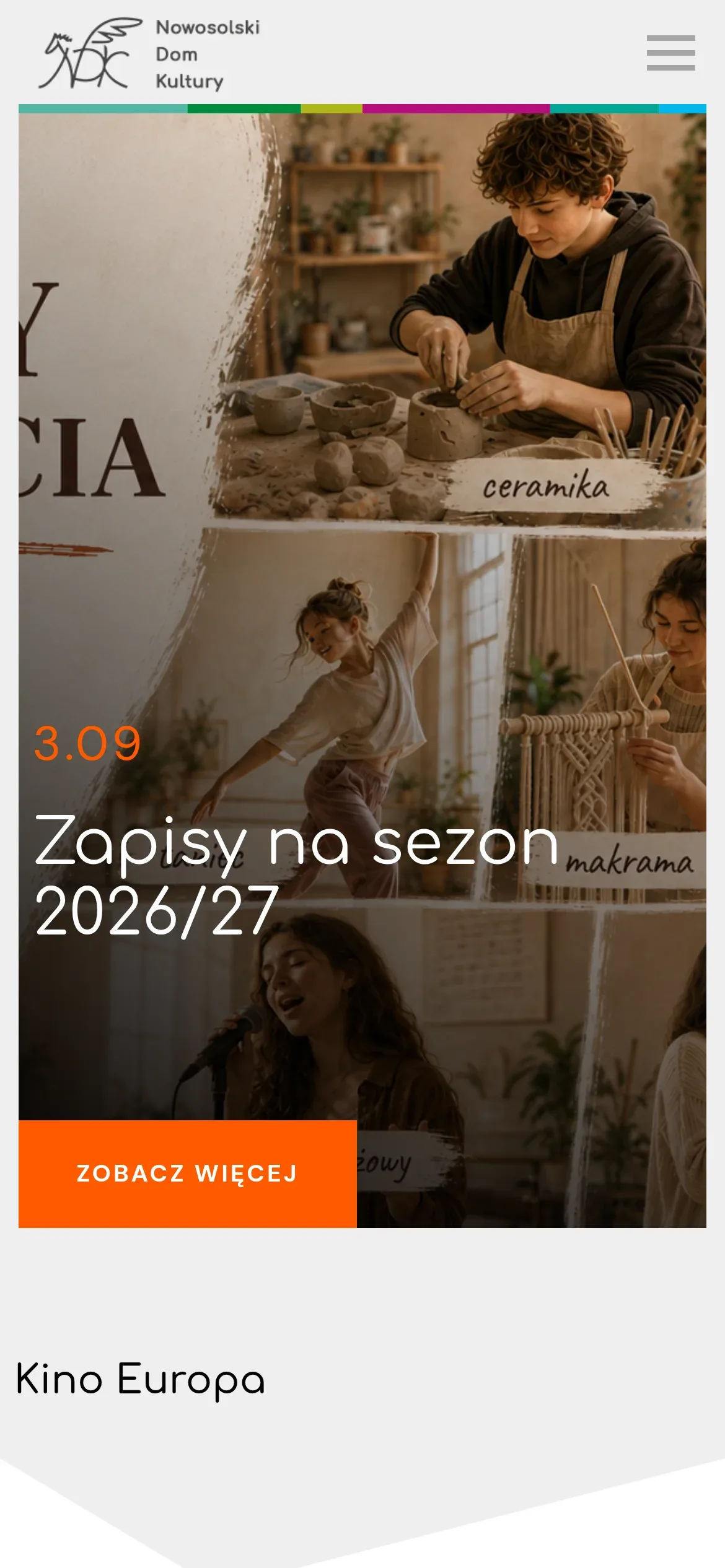Strona główna Nowosolskiego Domu Kultury na telefonie: logo i przycisk menu, slider z zapisami na sezon 2026/27 i początek sekcji „Kino Europa”