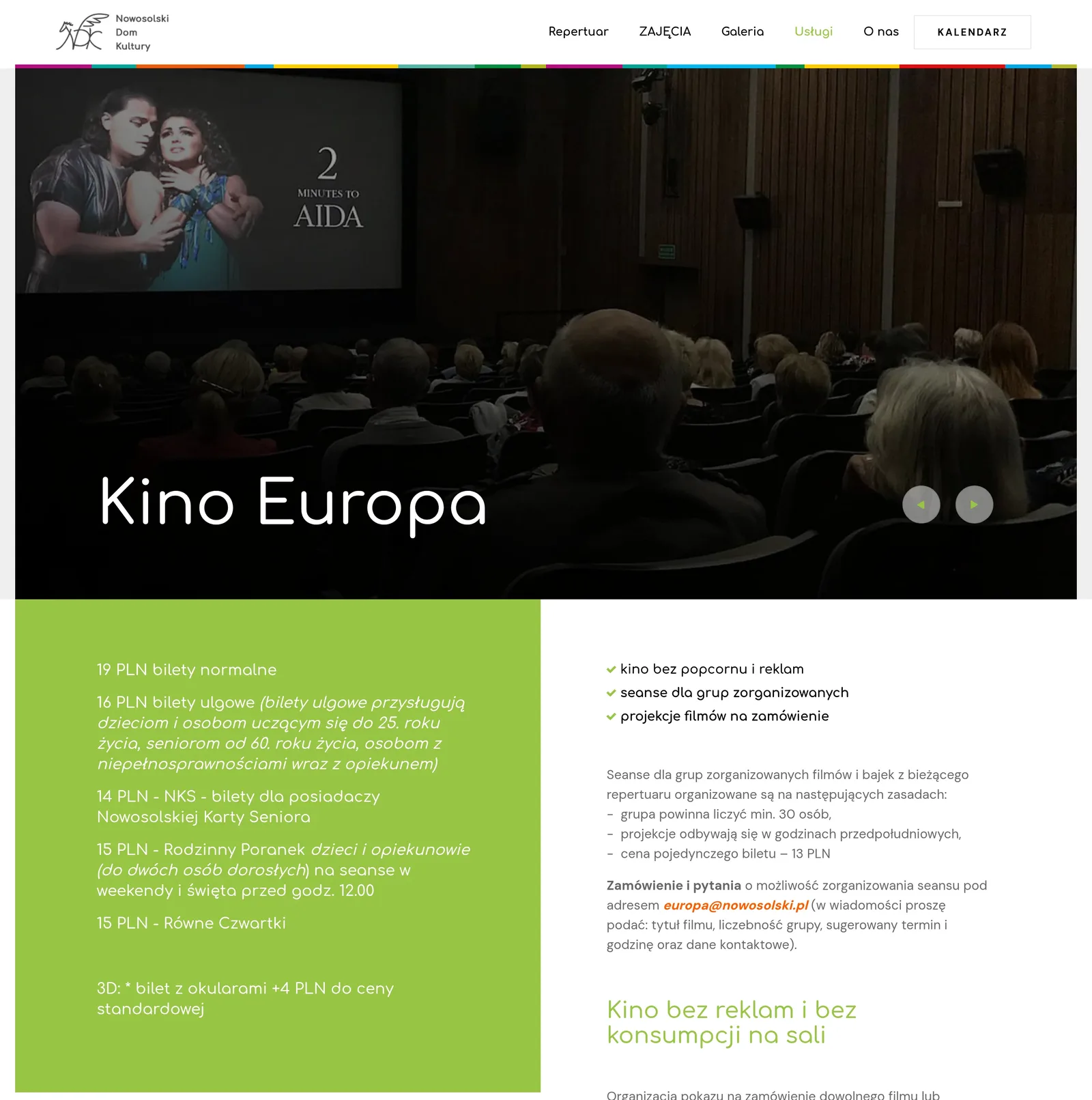 Strona Kina Europa na komputerze: zdjęcie sali kinowej w nagłówku, ramka z cenami biletów i lista „kino bez popcornu i reklam”, „seanse dla grup zorganizowanych”, „projekcje filmów na zamówienie”