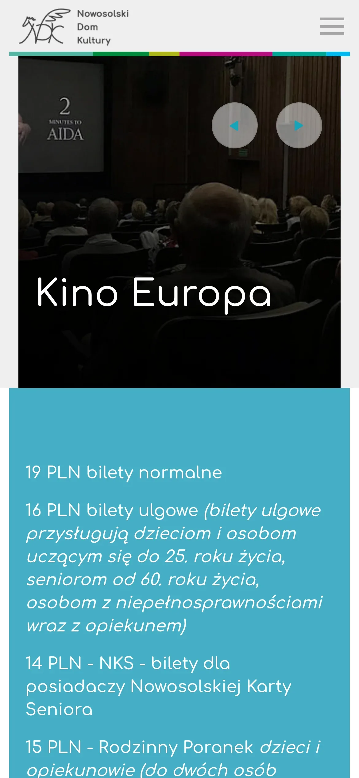Ta sama strona na telefonie: nagłówek „Kino Europa” i pod nim ramka z cenami biletów normalnych, ulgowych, rodzinnych i dla posiadaczy karty seniora