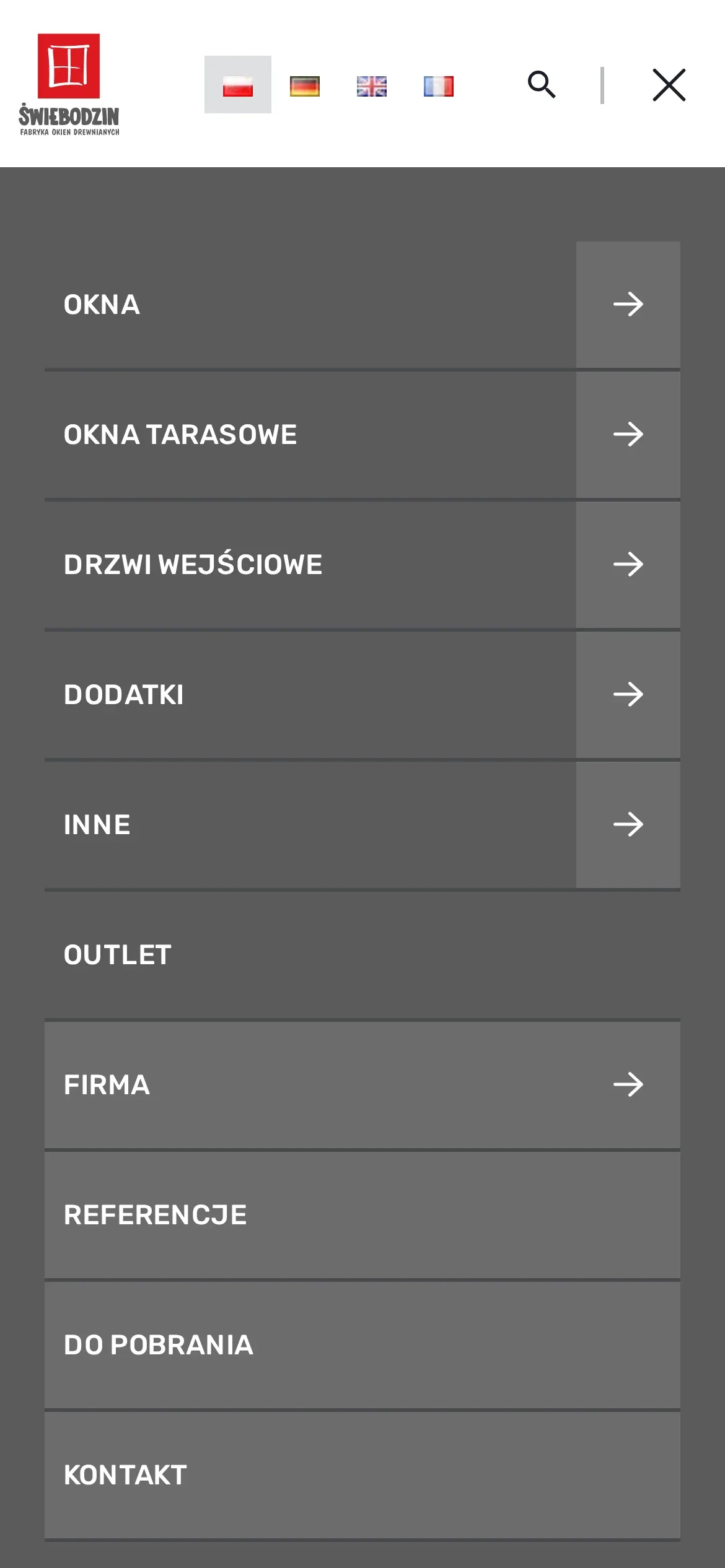 Otwarte menu na telefonie: Okna, Okna tarasowe, Drzwi wejściowe, Dodatki, Inne, Outlet, Firma, Referencje, Do pobrania i Kontakt, z przyciskami rozwijania podmenu