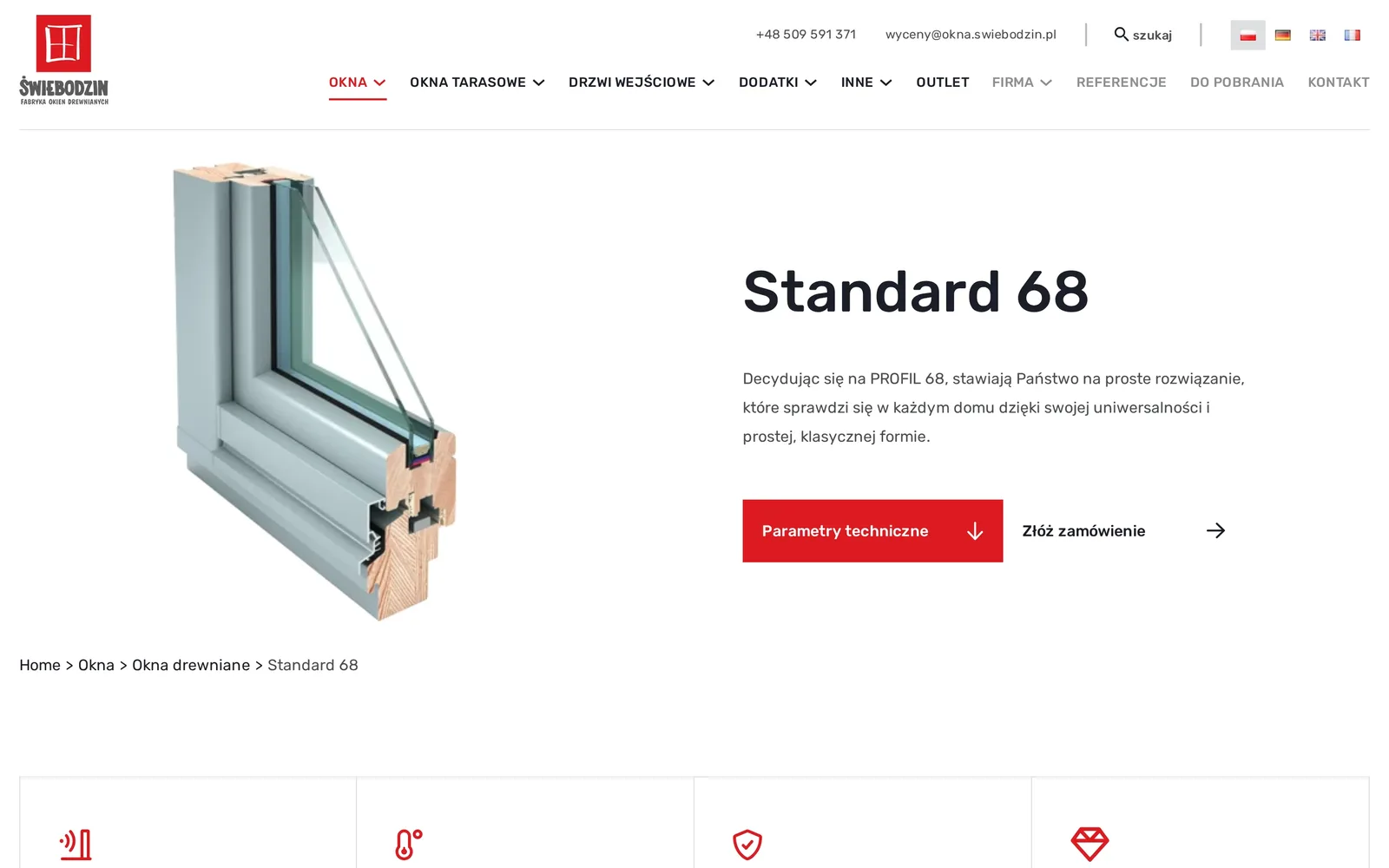 Karta okna Standard 68 na komputerze: zdjęcie przekroju profilu, nazwa, opis i przyciski „Parametry techniczne” oraz „Złóż zamówienie”