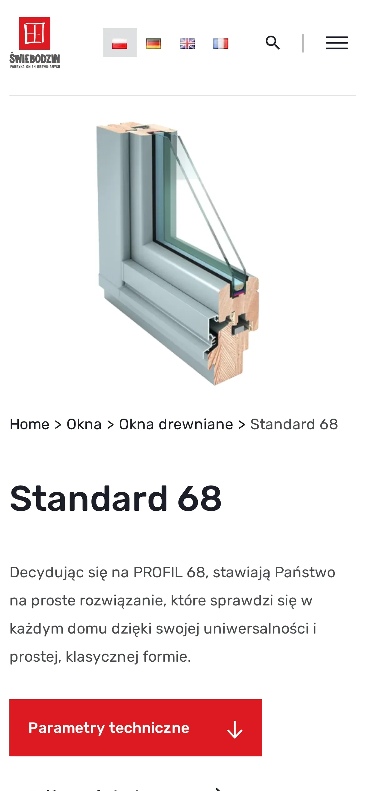 Ta sama karta Standard 68 na telefonie: zdjęcie profilu, ścieżka nawigacji, nazwa, opis i przycisk „Parametry techniczne”