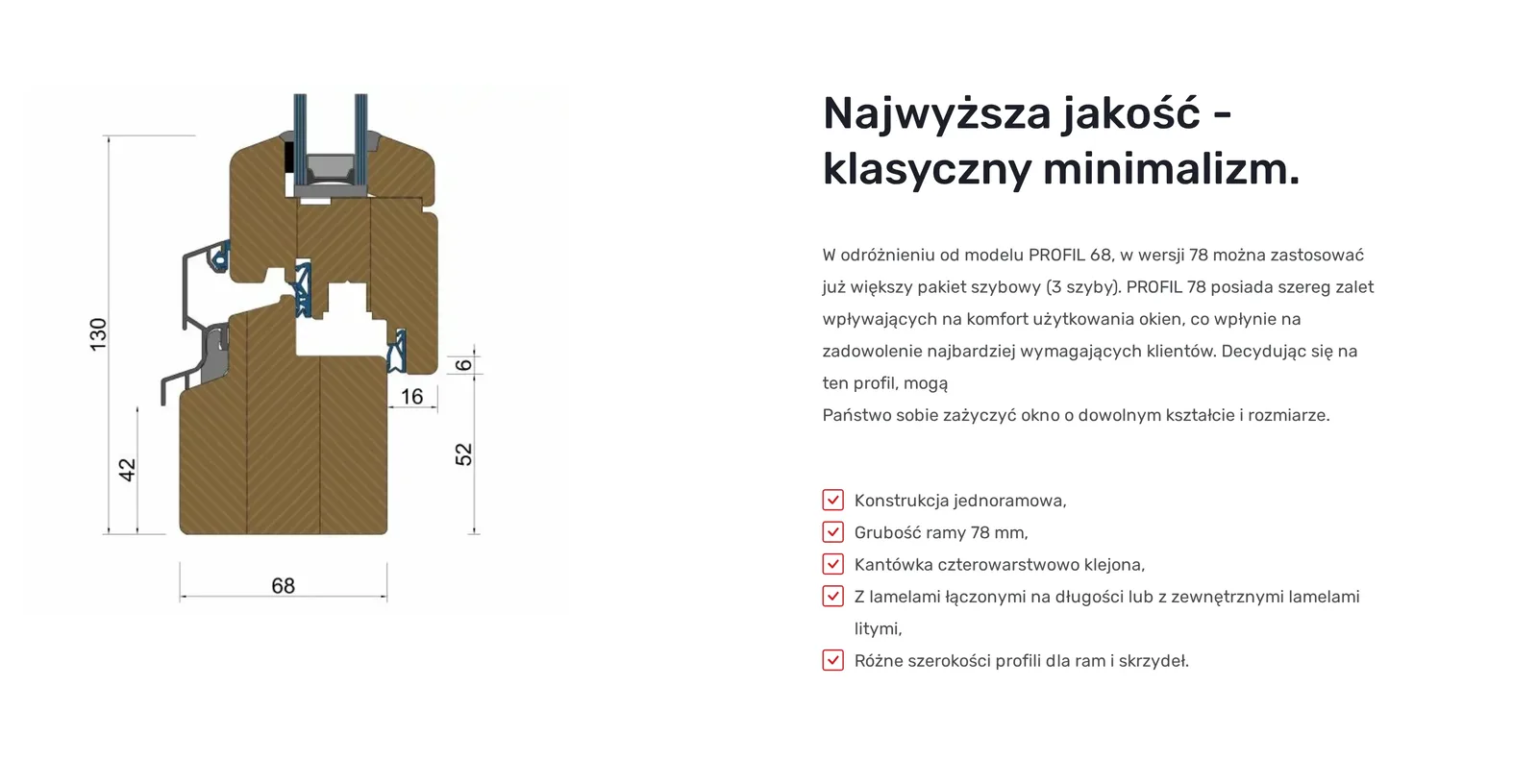 Karta okna Line 78: rysunek przekroju profilu z wymiarami obok opisu profilu i listy cech konstrukcji
