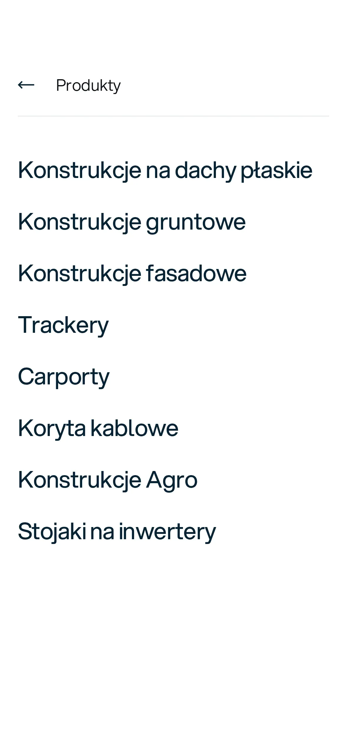 Menu RBT Solar na telefonie, poziom „Produkty”: konstrukcje na dachy płaskie, gruntowe i fasadowe, trackery, carporty, koryta kablowe, konstrukcje Agro i stojaki na inwertery