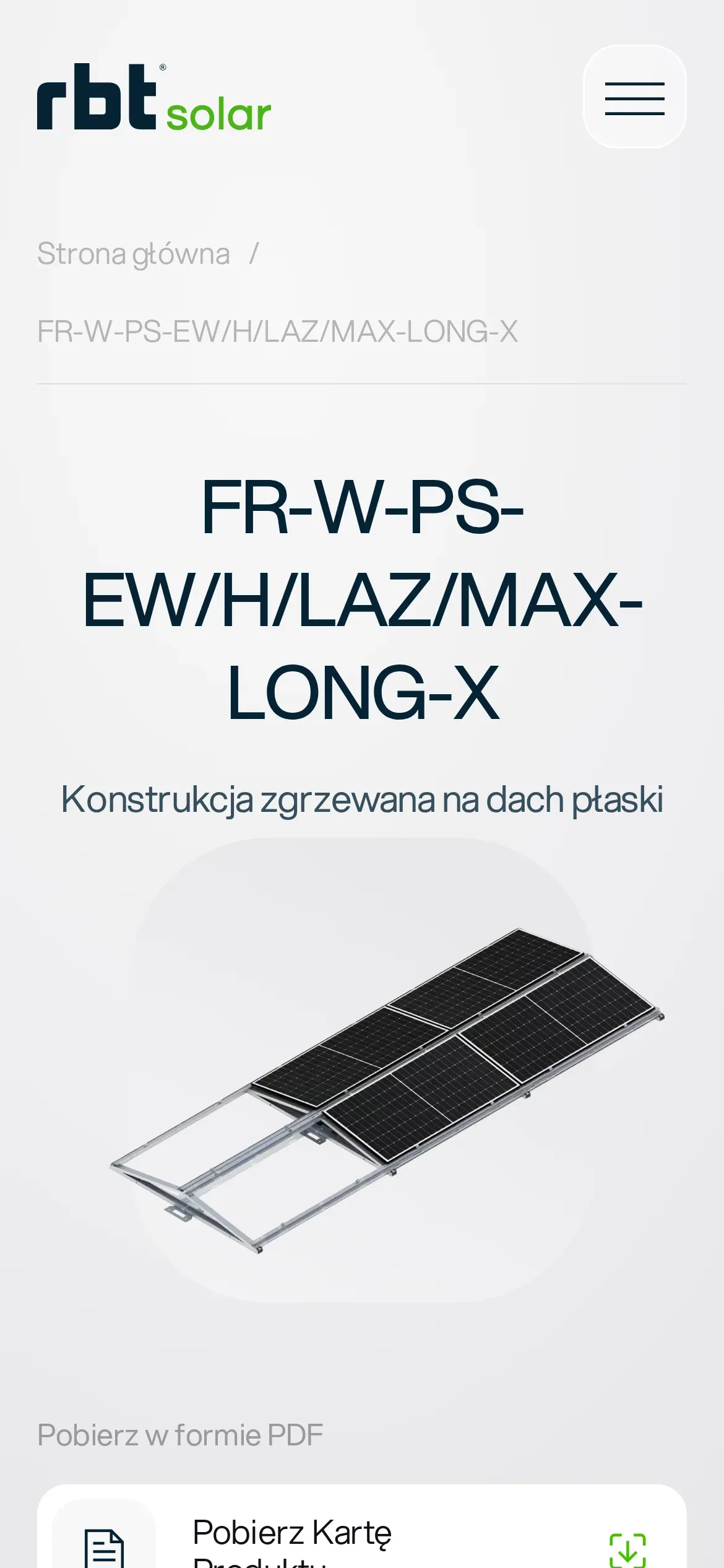 Karta systemu FR-W-PS-EW/H/LAZ/MAX-LONG-X na telefonie: kod, podpis „Konstrukcja zgrzewana na dach płaski”, rysunek konstrukcji z modułami i przycisk „Pobierz Kartę Produktu”