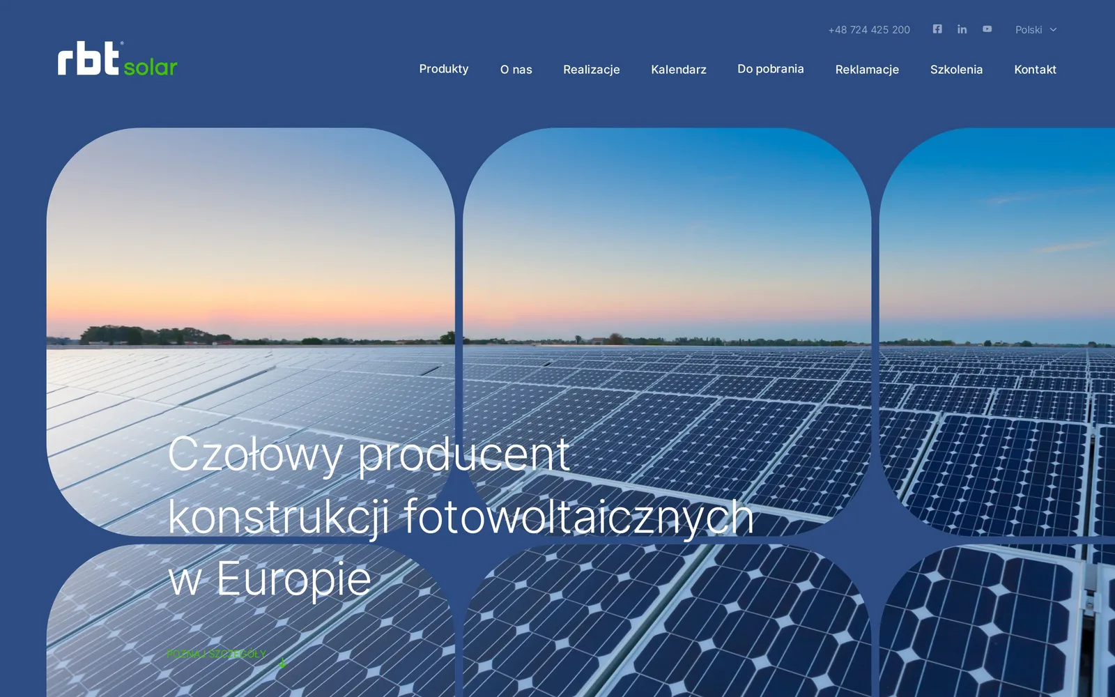 Dotychczasowa strona główna RBT Solar na komputerze: granatowe tło z kafelkami zdjęć paneli, hasło „Czołowy producent konstrukcji fotowoltaicznych w Europie” i menu z pozycjami Kalendarz, Reklamacje, Szkolenia