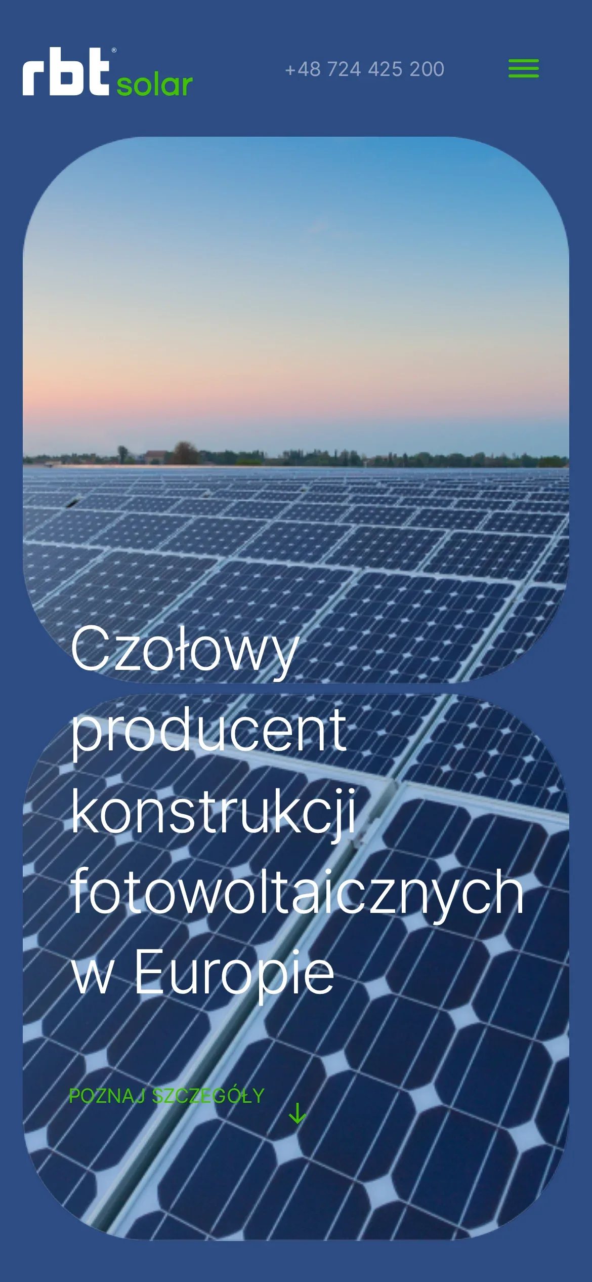Dotychczasowa strona główna RBT Solar na telefonie: logo, numer telefonu i hasło „Czołowy producent konstrukcji fotowoltaicznych w Europie” na kafelkach ze zdjęciami paneli