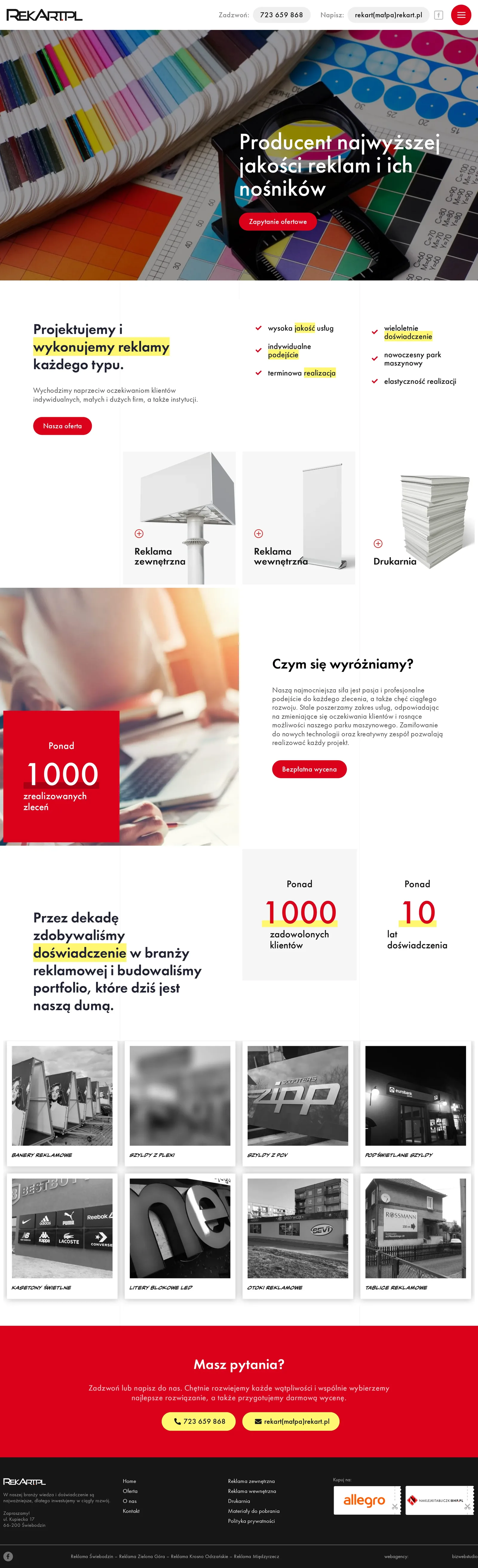 Cała strona główna RekArt.pl: zdjęcie z hasłem, wstęp z zaletami firmy, trzy kafle działów oferty, sekcja „Czym się wyróżniamy?”, siatka ośmiu zdjęć z nazwami produktów, pas „Masz pytania?” i ciemna stopka