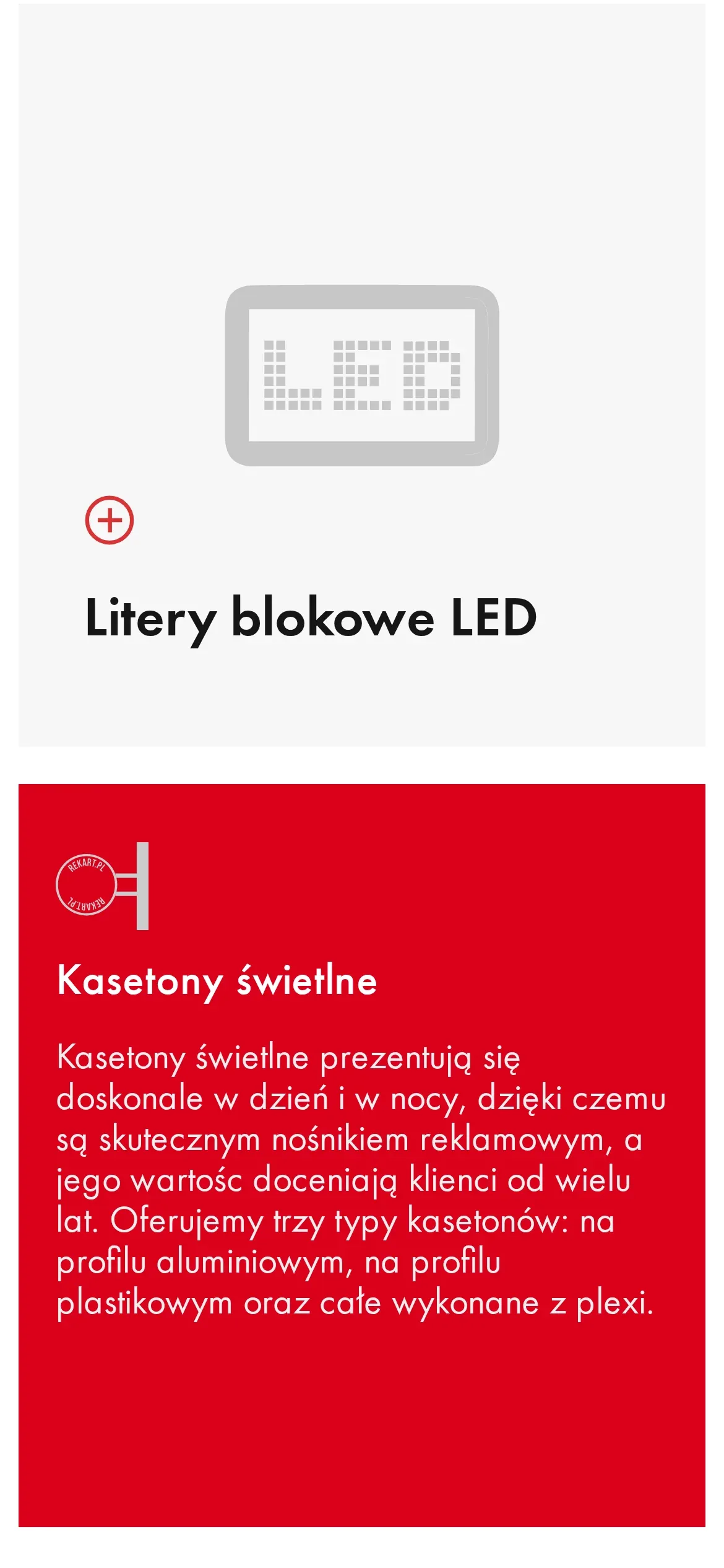 Kafle reklamy zewnętrznej na telefonie: „Litery blokowe LED” z ikoną i odwrócony czerwony kafel „Kasetony świetlne” z opisem trzech typów kasetonów