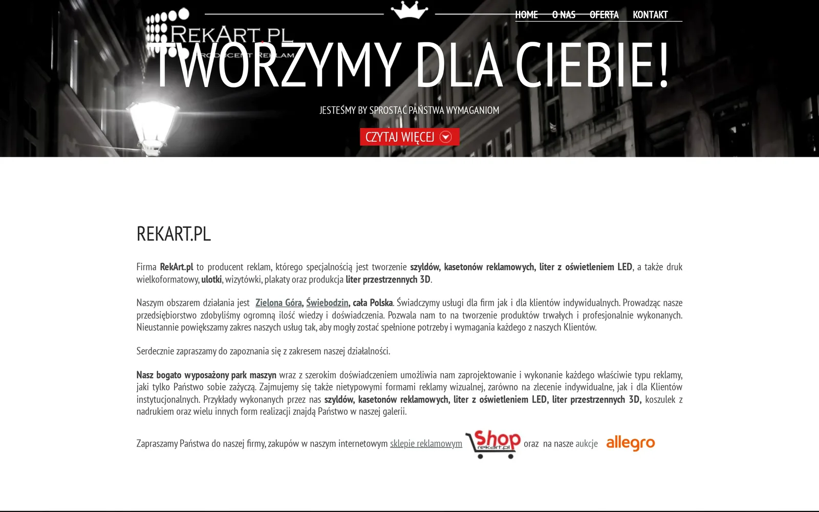 Poprzednia strona reklamarekart.pl z października 2019 r. na komputerze: czarno-białe zdjęcie z hasłem „Tworzymy dla Ciebie!”, na które nachodzi logo, i długi tekst o firmie