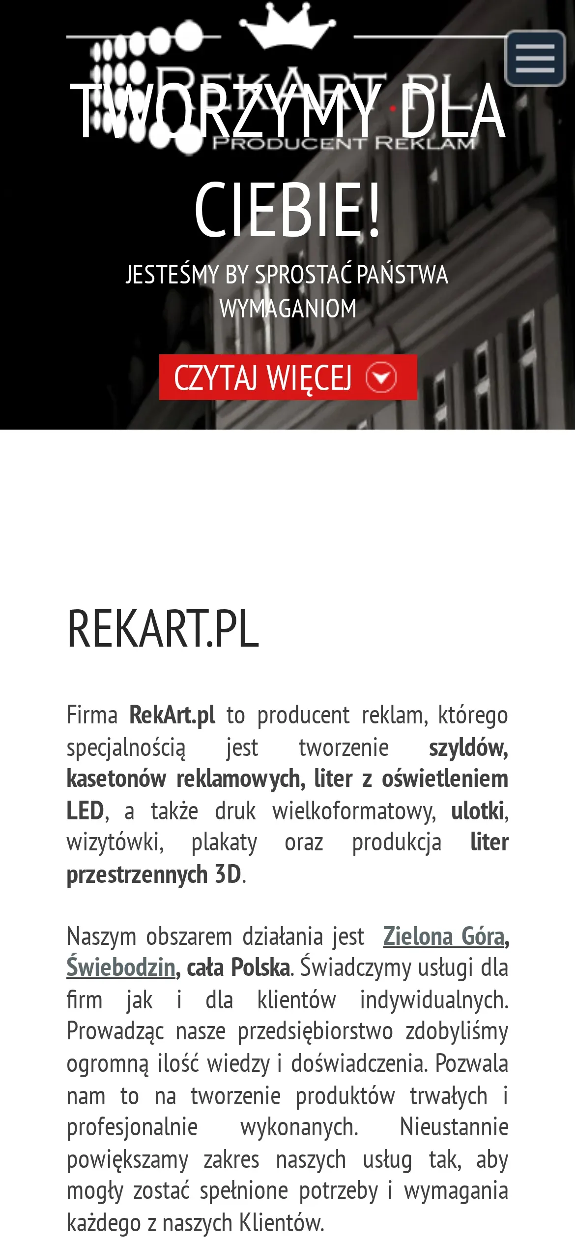 Ta sama poprzednia strona na telefonie: logo pod dużym napisem „Tworzymy dla Ciebie!” i wyjustowany tekst o firmie