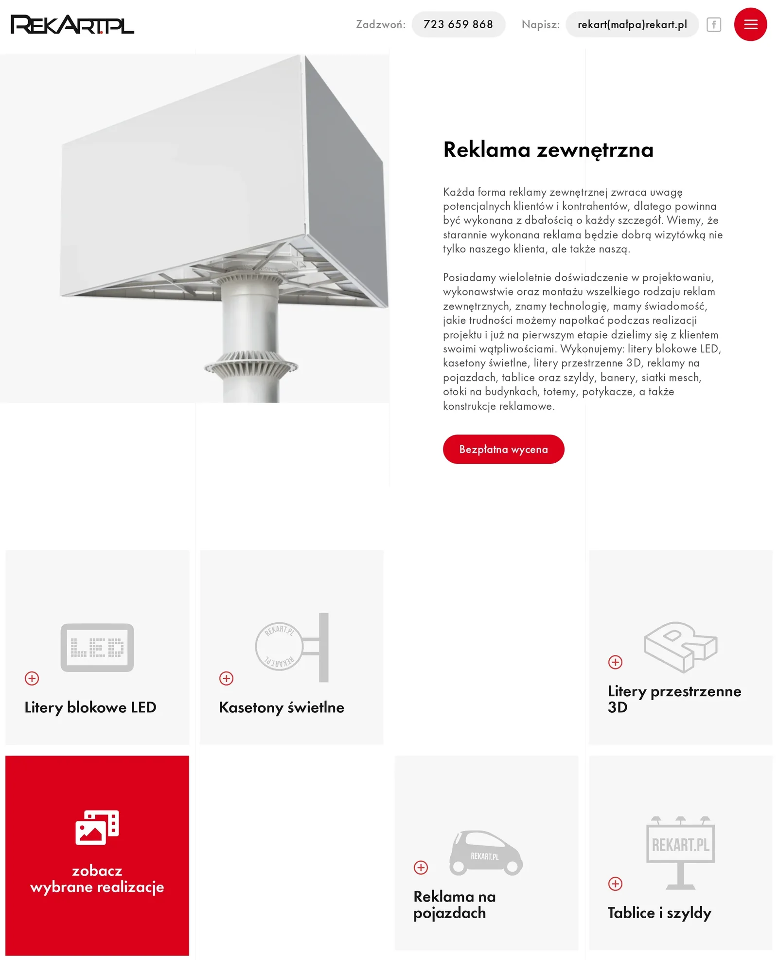 Strona działu „Reklama zewnętrzna”: opis działu z przyciskiem „Bezpłatna wycena” i kafle produktów, m.in. litery blokowe LED, kasetony świetlne, litery przestrzenne 3D, reklama na pojazdach oraz tablice i szyldy