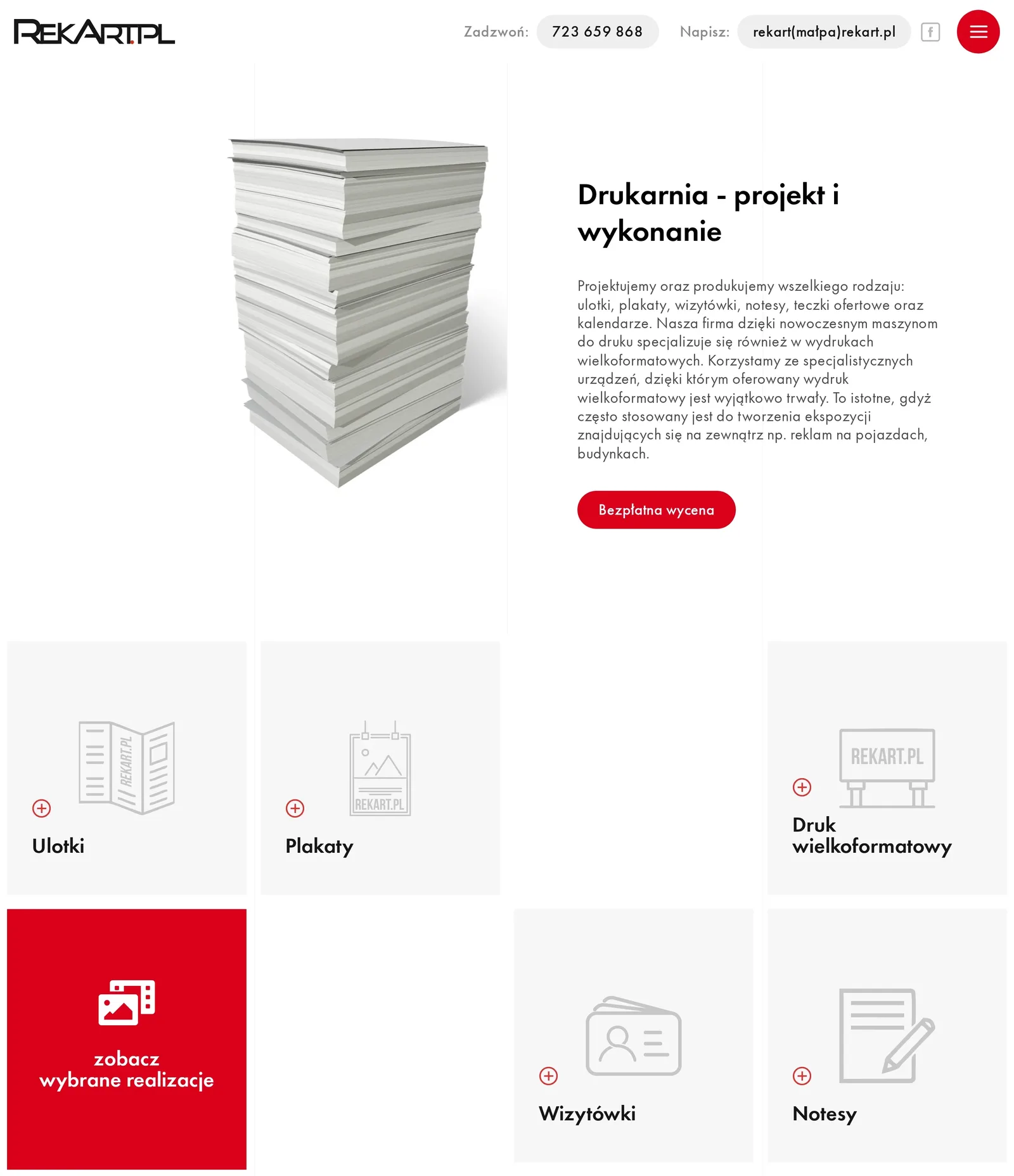 Strona działu „Drukarnia”: opis druku i kafle ulotek, plakatów, druku wielkoformatowego, wizytówek i notesów obok czerwonego kafla „zobacz wybrane realizacje”