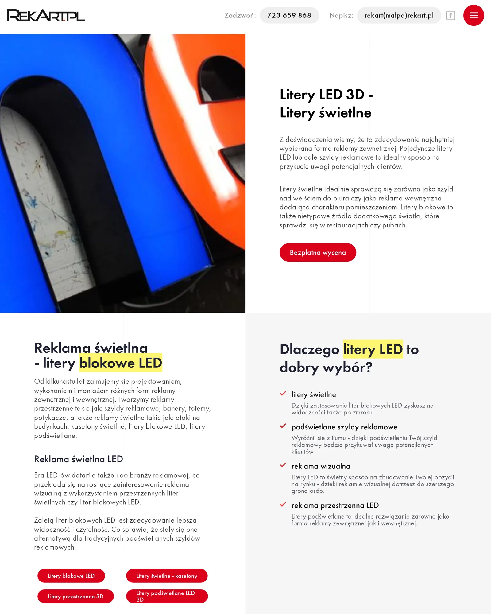 Podstrona „Litery LED 3D — litery świetlne” na komputerze: zdjęcie podświetlanych liter, opis, lista „Dlaczego litery LED to dobry wybór?” i przyciski odmian liter prowadzące do wyceny