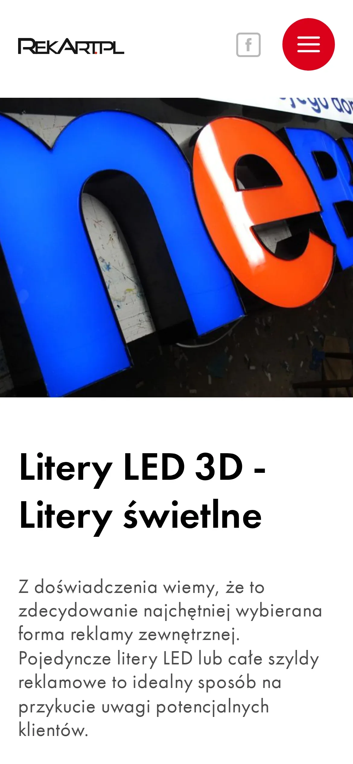 Ta sama podstrona na telefonie: zdjęcie liter, nagłówek „Litery LED 3D — litery świetlne” i początek opisu