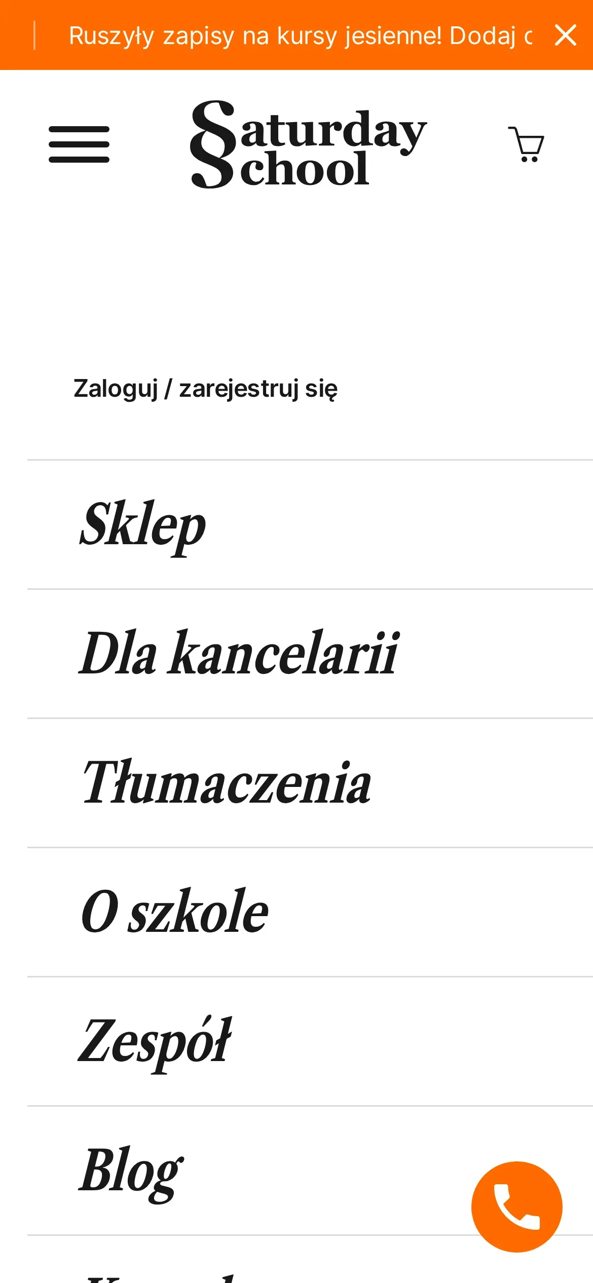 Otwarte menu Saturday School na telefonie: logowanie do konta i pozycje Sklep, Dla kancelarii, Tłumaczenia, O szkole, Zespół i Blog