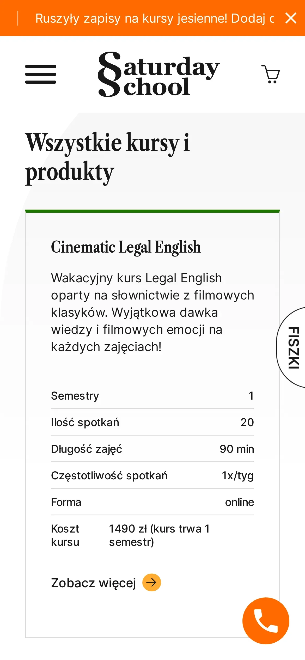 Lista kursów na telefonie: karta Cinematic Legal English z opisem i tabelą parametrów — semestry, liczba spotkań, długość i częstotliwość zajęć, forma online i koszt