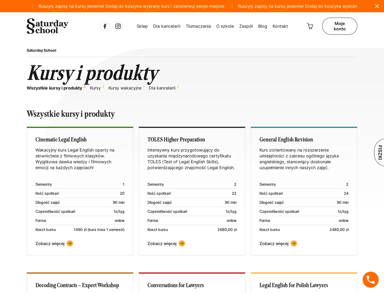 Lista „Kursy i produkty” na komputerze: zakładki Kursy, Kursy wakacyjne i Dla kancelarii oraz karty Cinematic Legal English, TOLES Higher Preparation i General English Revision z tabelą parametrów i ceną