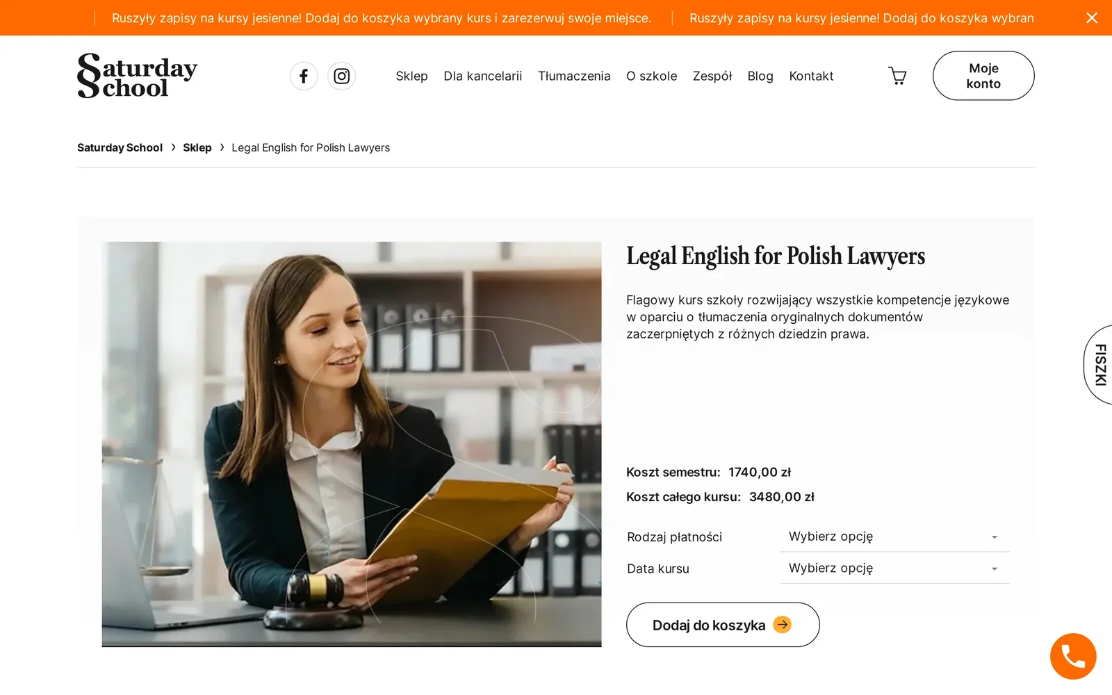 Karta kursu Legal English for Polish Lawyers na komputerze: zdjęcie, opis, koszt semestru i całego kursu, pola „Rodzaj płatności” i „Data kursu” oraz przycisk „Dodaj do koszyka”