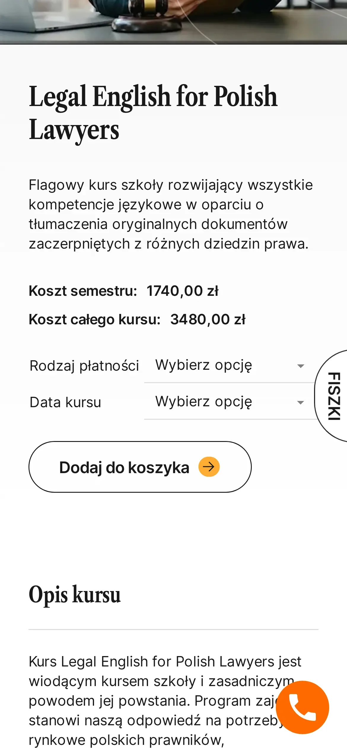 Ta sama karta kursu na telefonie: nazwa, opis, koszt semestru i całego kursu, wybór rodzaju płatności i daty kursu oraz przycisk „Dodaj do koszyka”