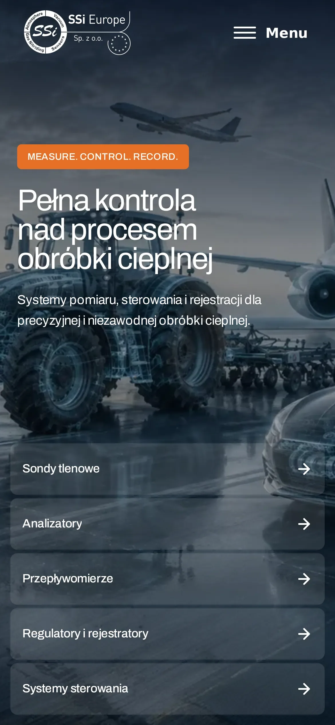 Strona główna SSi Europe na telefonie: hasło „Pełna kontrola nad procesem obróbki cieplnej” i lista skrótów do sond, analizatorów, przepływomierzy, regulatorów i systemów sterowania