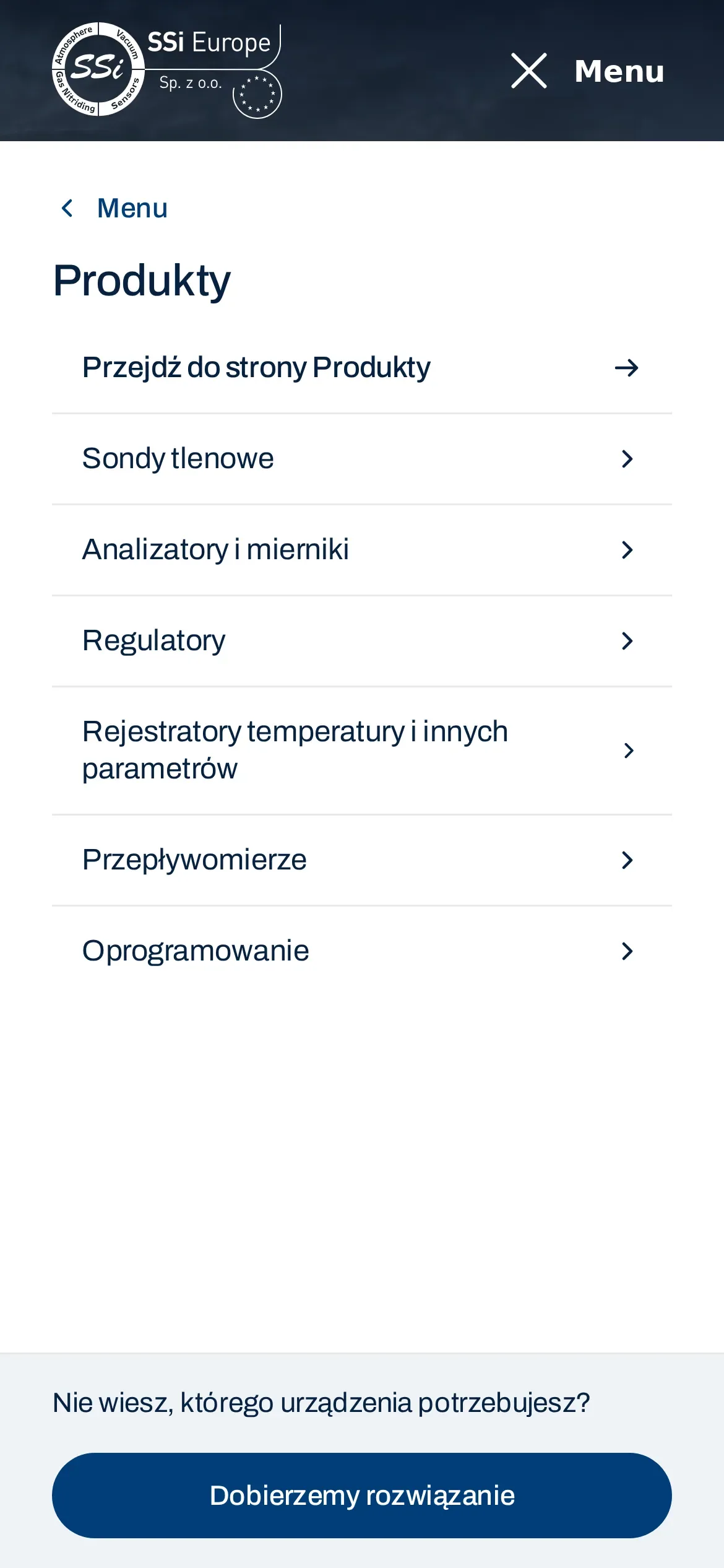 Otwarte menu SSi Europe na telefonie, poziom „Produkty”: sondy tlenowe, analizatory i mierniki, regulatory, rejestratory, przepływomierze, oprogramowanie i przycisk „Dobierzemy rozwiązanie”