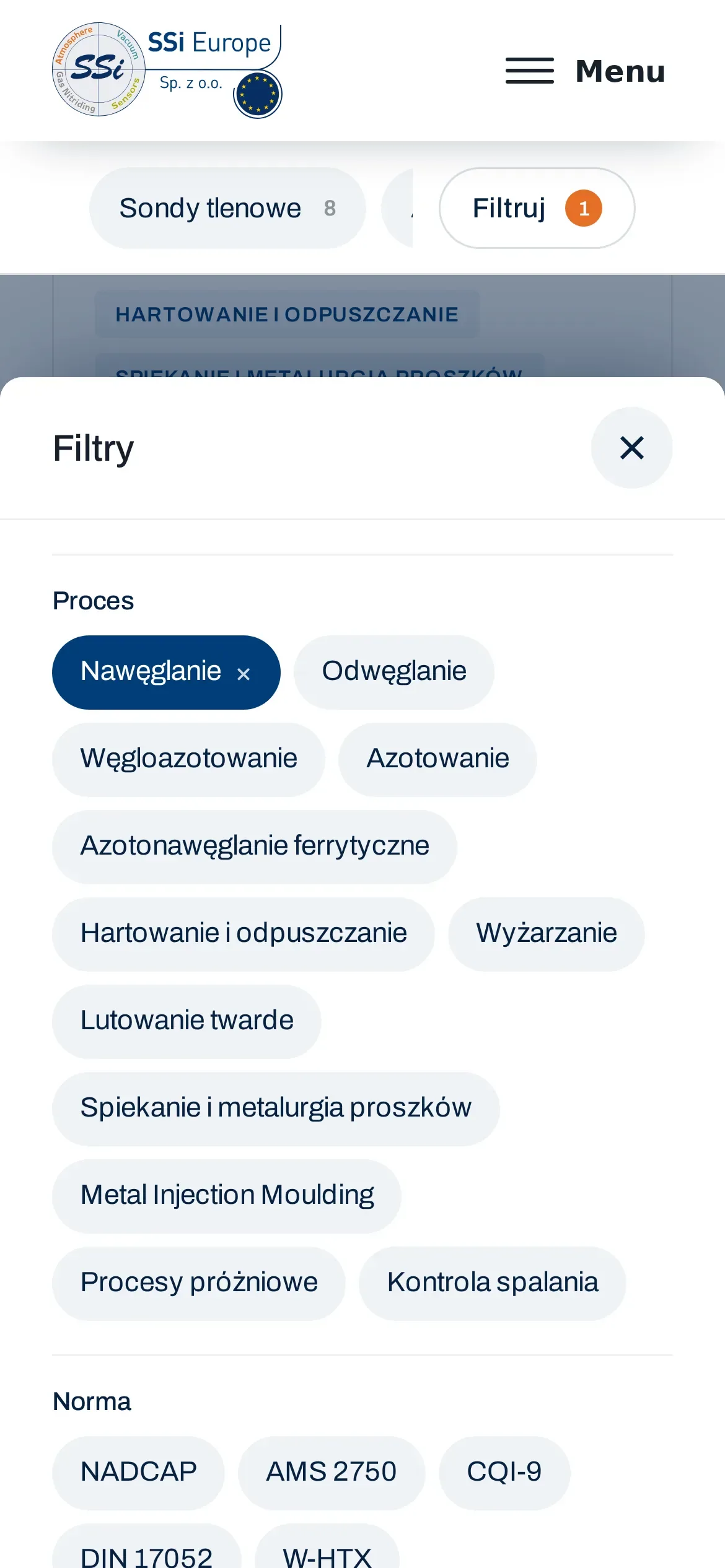 Panel filtrów katalogu na telefonie: wybrany proces „Nawęglanie”, pozostałe procesy obróbki cieplnej i normy NADCAP, AMS 2750 i CQI-9