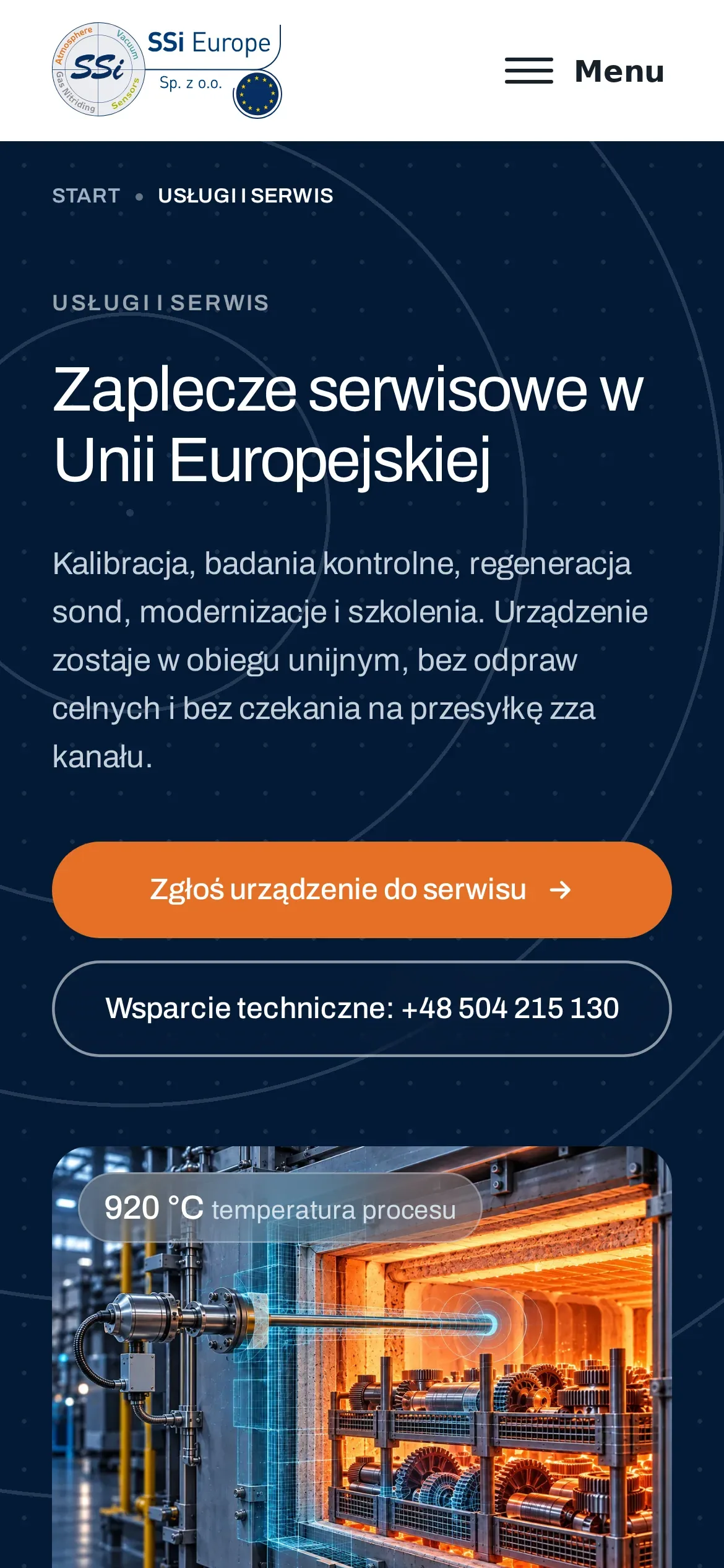 Podstrona „Zaplecze serwisowe w Unii Europejskiej” na telefonie: opis usług, przyciski „Zgłoś urządzenie do serwisu” i „Wsparcie techniczne” oraz zdjęcie pieca