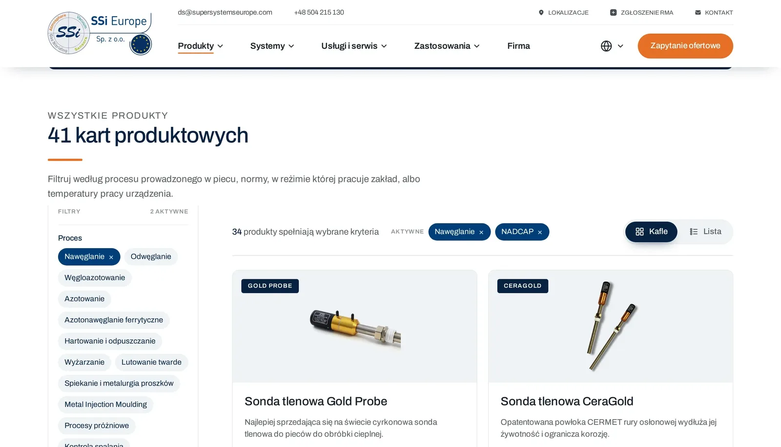 Katalog produktów SSi Europe z aktywnymi filtrami „Nawęglanie” i „NADCAP”: kolumna filtrów procesów i norm, licznik 34 produktów i karty sond Gold Probe i CeraGold