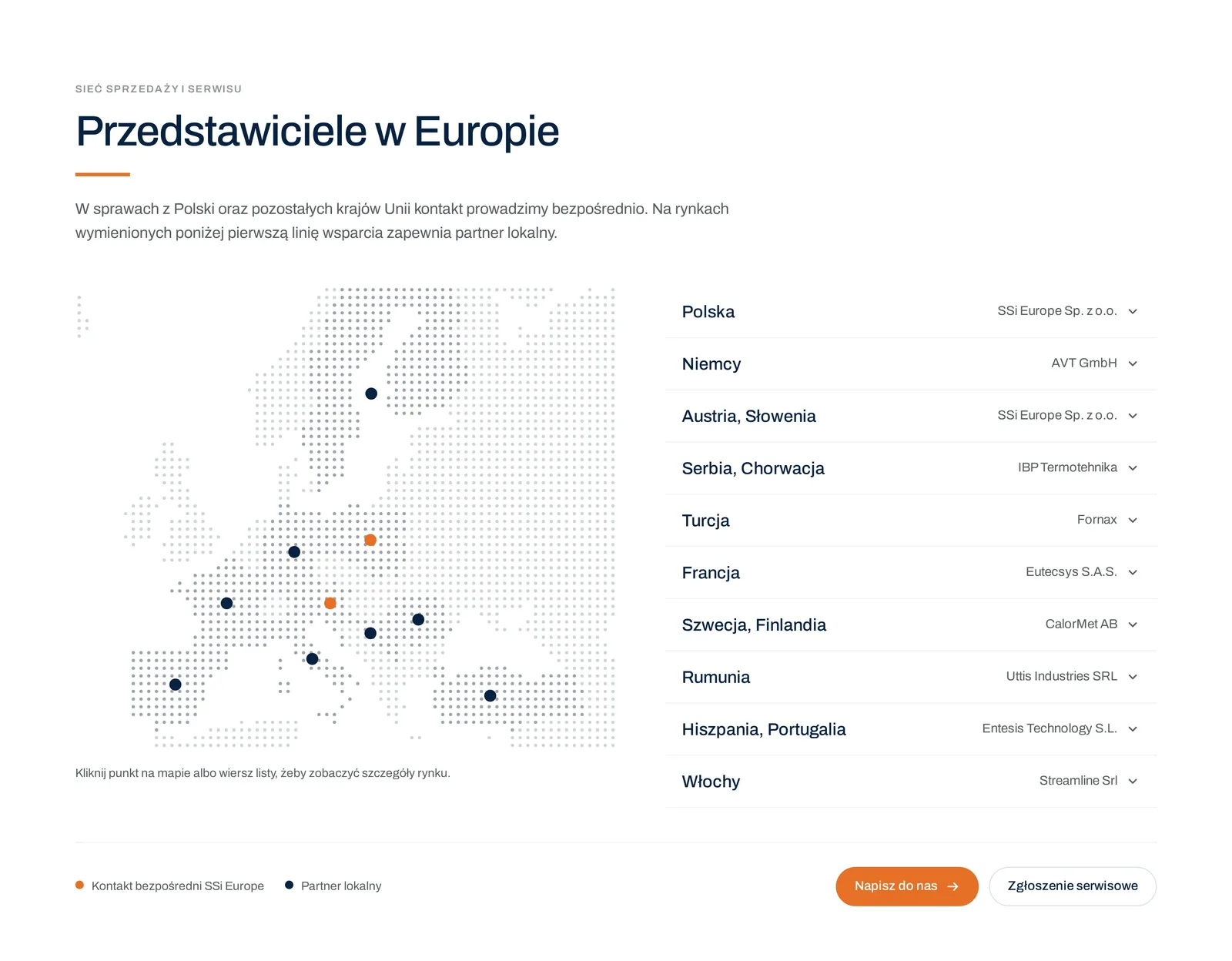 Sekcja „Przedstawiciele w Europie”: punkty partnerów na mapie Europy i lista rynków od Polski i Niemiec po Hiszpanię, Portugalię i Włochy z nazwami firm partnerskich