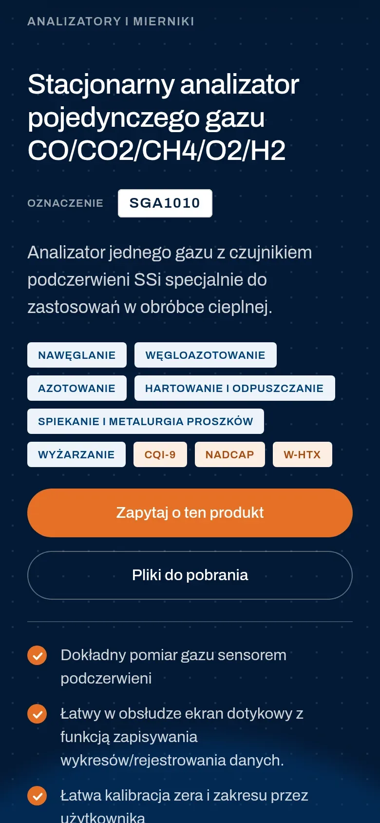 Karta analizatora SGA1010 w polskiej wersji strony na telefonie: „Stacjonarny analizator pojedynczego gazu”, opis, procesy od nawęglania po wyżarzanie, normy i przycisk „Zapytaj o ten produkt”