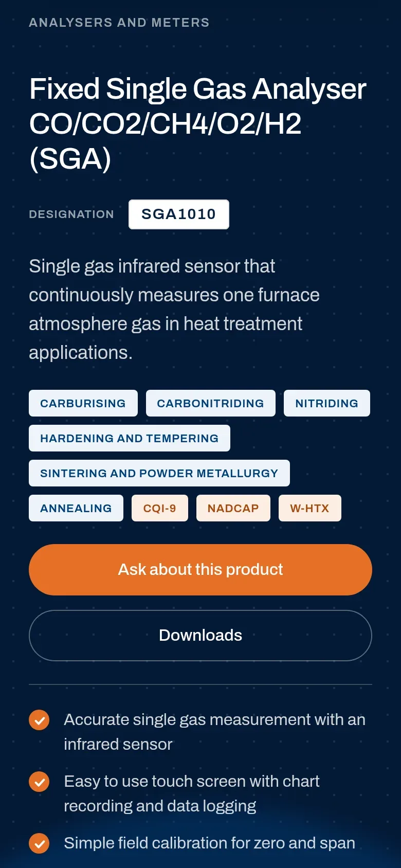 Ta sama karta w wersji angielskiej: „Fixed Single Gas Analyser”, procesy „Carburising” i „Nitriding” oraz przycisk „Ask about this product”