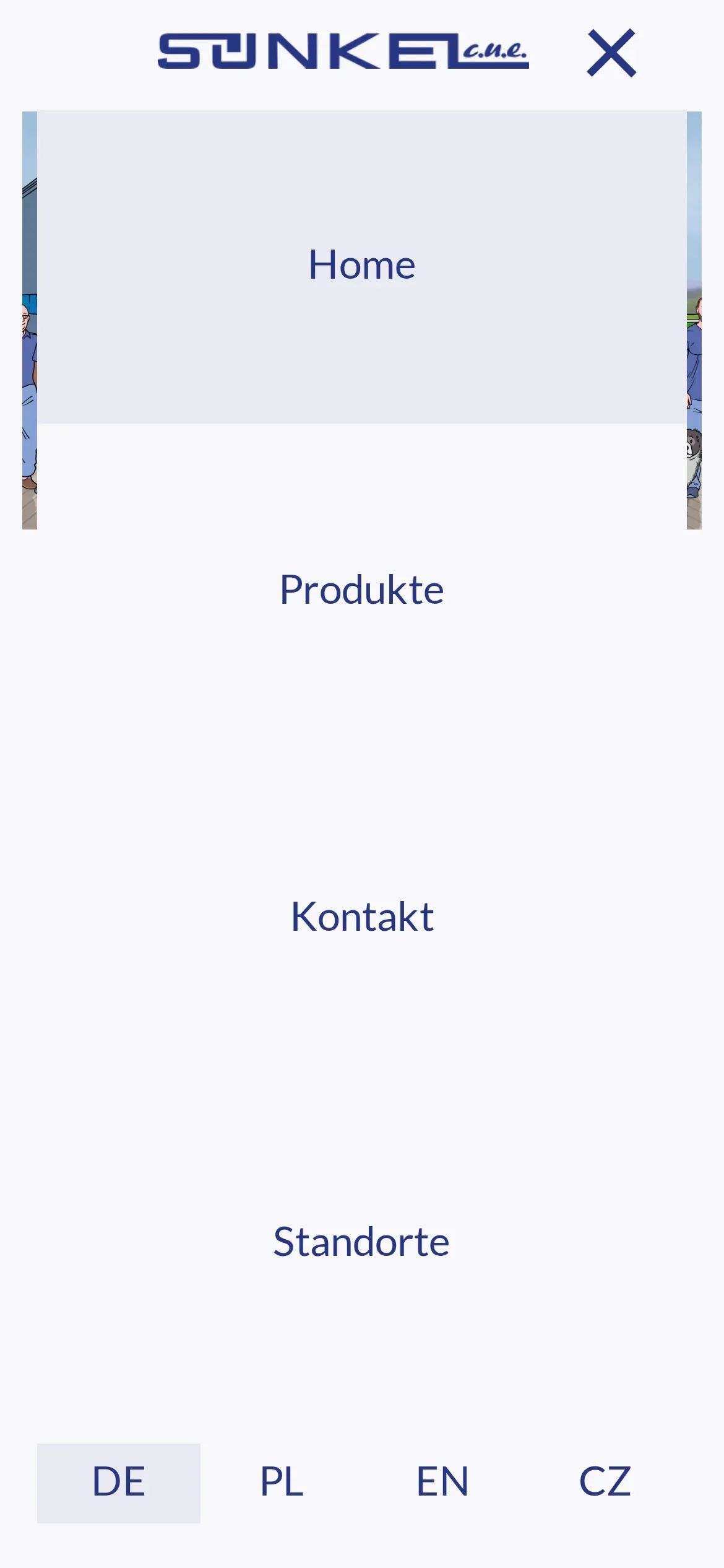 Otwarte menu Sünkel na telefonie: Home, Produkte, Kontakt i Standorte jedno pod drugim, a pod nimi przełącznik języków DE, PL, EN i CZ