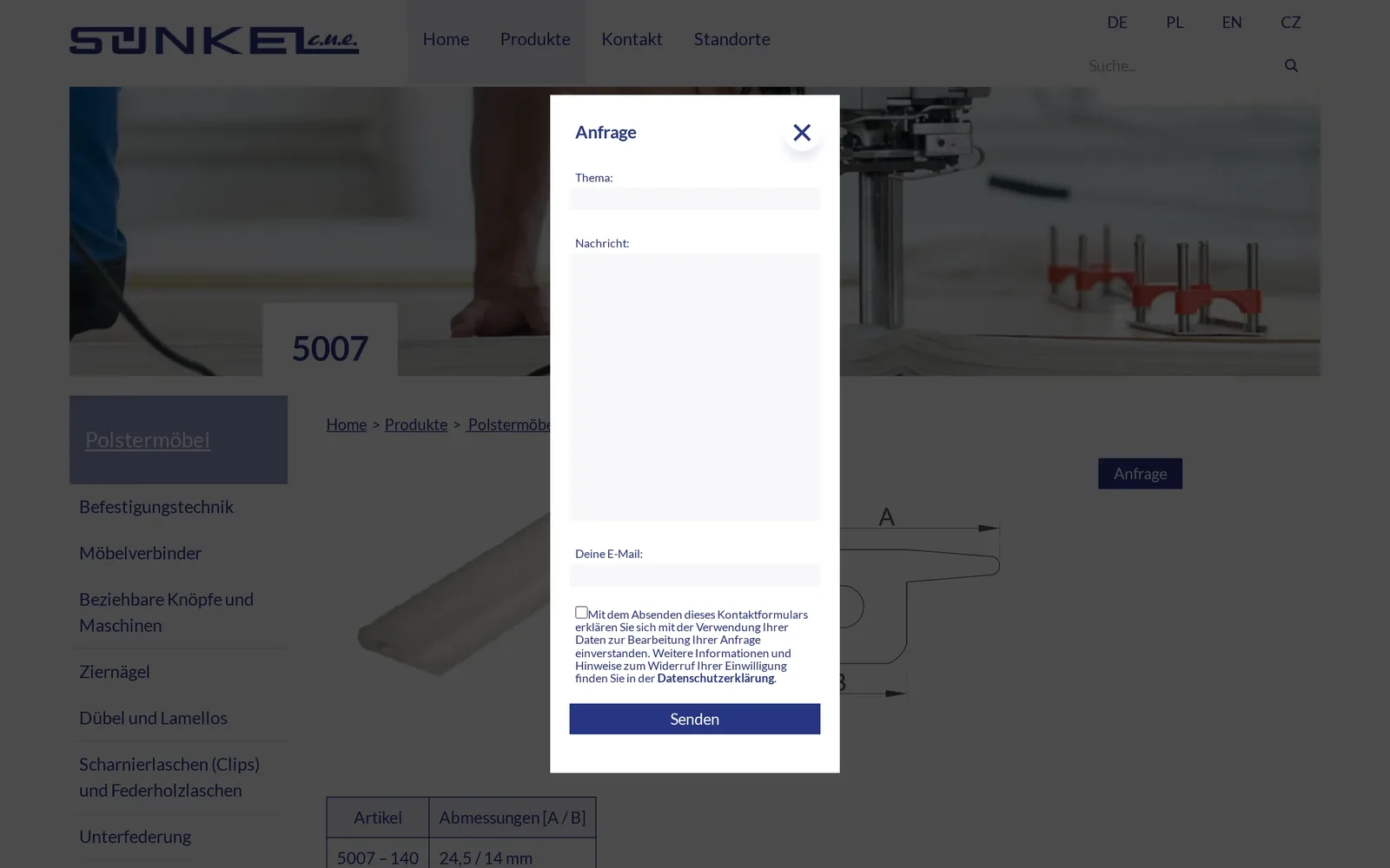 Okno „Anfrage” nad kartą produktu 5007: pola tematu, wiadomości i adresu e-mail, zgoda na przetwarzanie danych i przycisk „Senden”