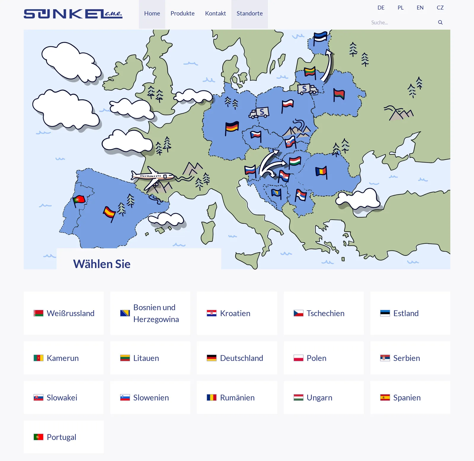Podstrona „Standorte”: ilustrowana mapa Europy z flagami i ciężarówkami Sünkel oraz siatka 16 krajów od Białorusi po Portugalię