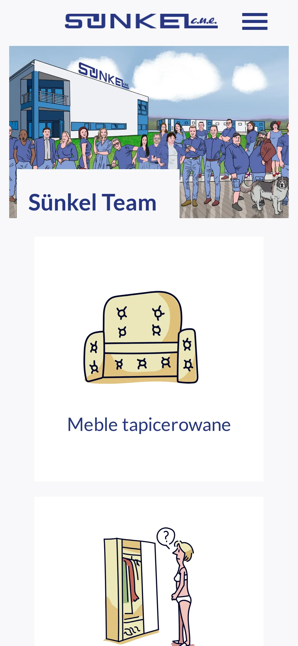 Polska wersja strony głównej na telefonie: rysunek zespołu z podpisem „Sünkel Team” i kafel „Meble tapicerowane”