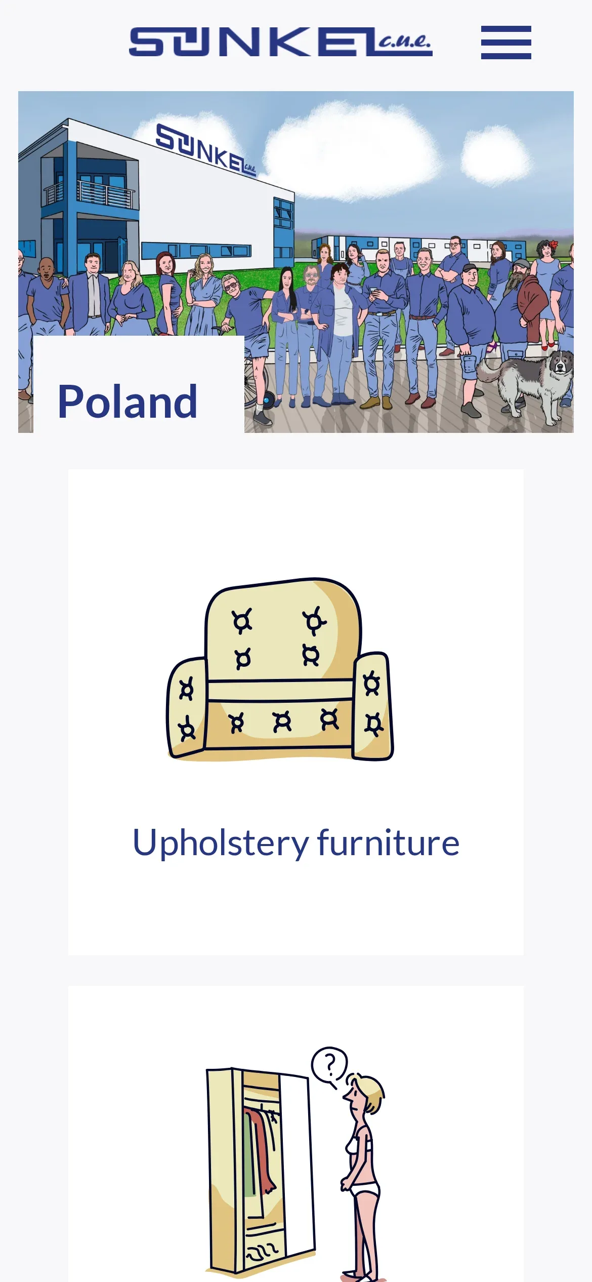 Angielska wersja strony głównej na telefonie: rysunek zespołu z podpisem „Poland” i kafel „Upholstery furniture”