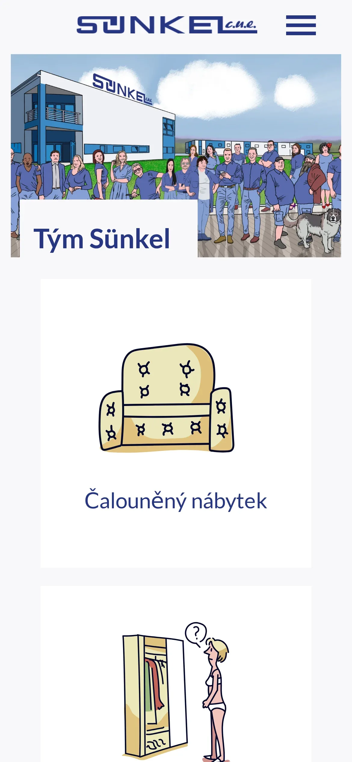 Czeska wersja strony głównej na telefonie: rysunek zespołu z podpisem „Tým Sünkel” i kafel „Čalouněný nábytek”