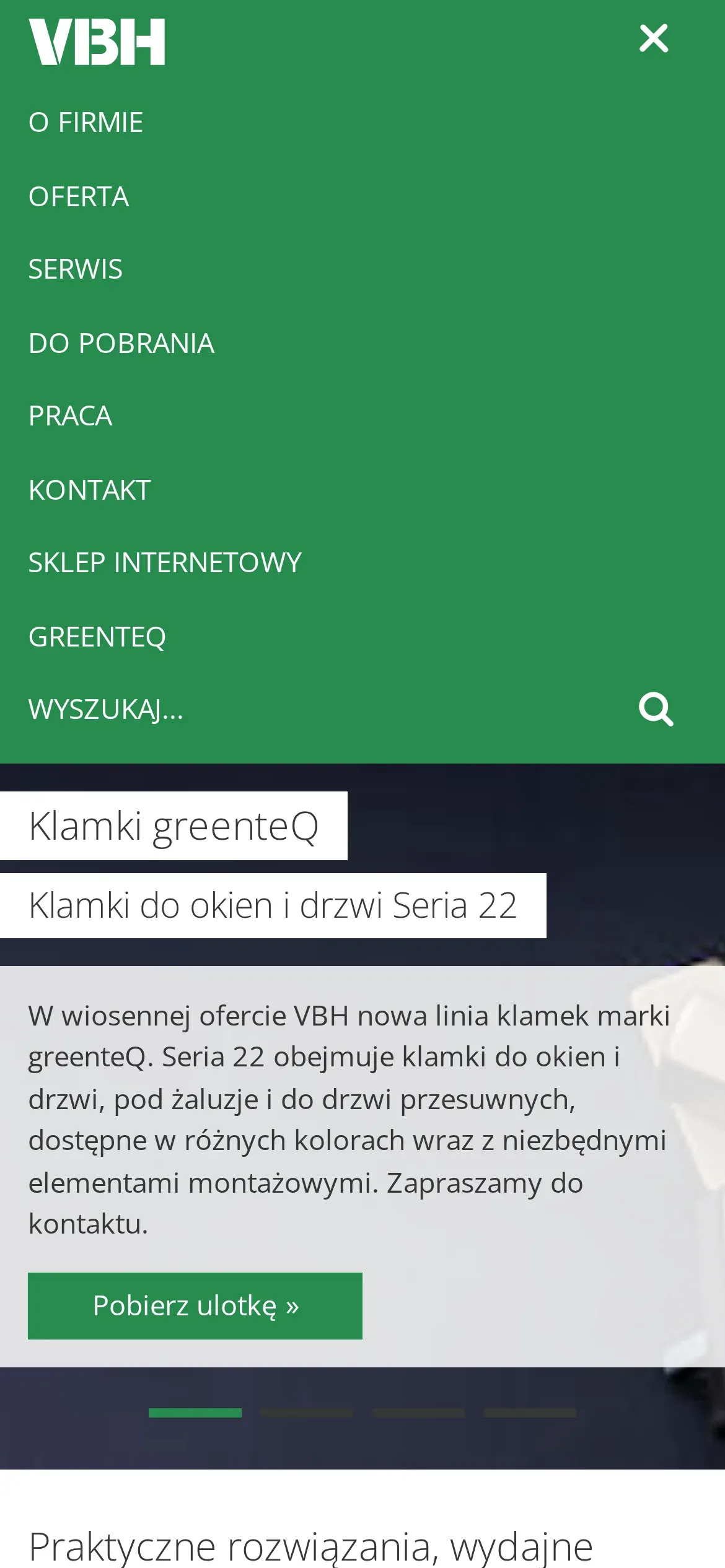Otwarte menu vbh.pl na telefonie: O firmie, Oferta, Serwis, Do pobrania, Praca, Kontakt, Sklep internetowy, greenteQ i wyszukiwarka na zielonym tle