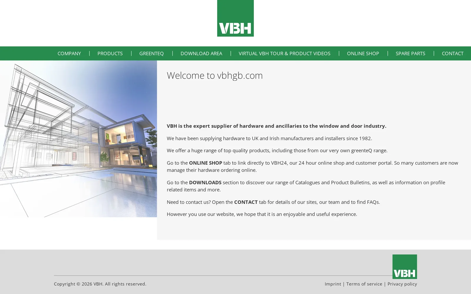 vbhgb.com na komputerze: logo VBH, zielone menu po angielsku i strona powitalna z obrazem domu i tekstem